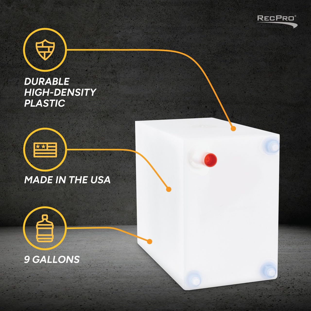 RecPro RV Fresh Water Tank 9 Gallon for Drinking and Potable Water | 9" x 17" x 14" | Fresh or Gray Water Plastic Storage | Made in America
