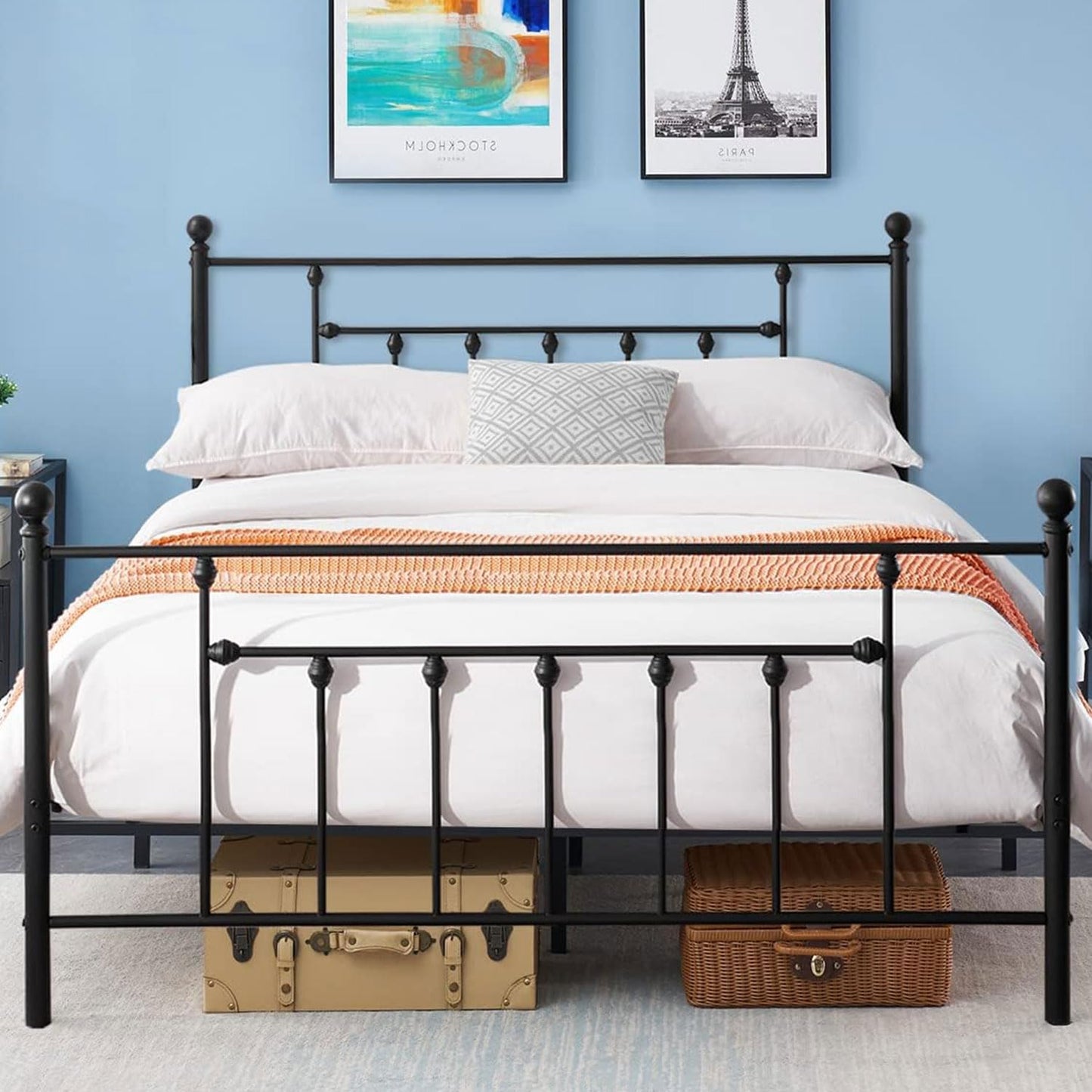 VECELO Full Size Metal Platform Bed Frame with Headboard and Footboard, Sturdy Steel Slat Support/No Box Spring Needed Mattress Foundation/Easy Assemble，Victorian Style, Pure White