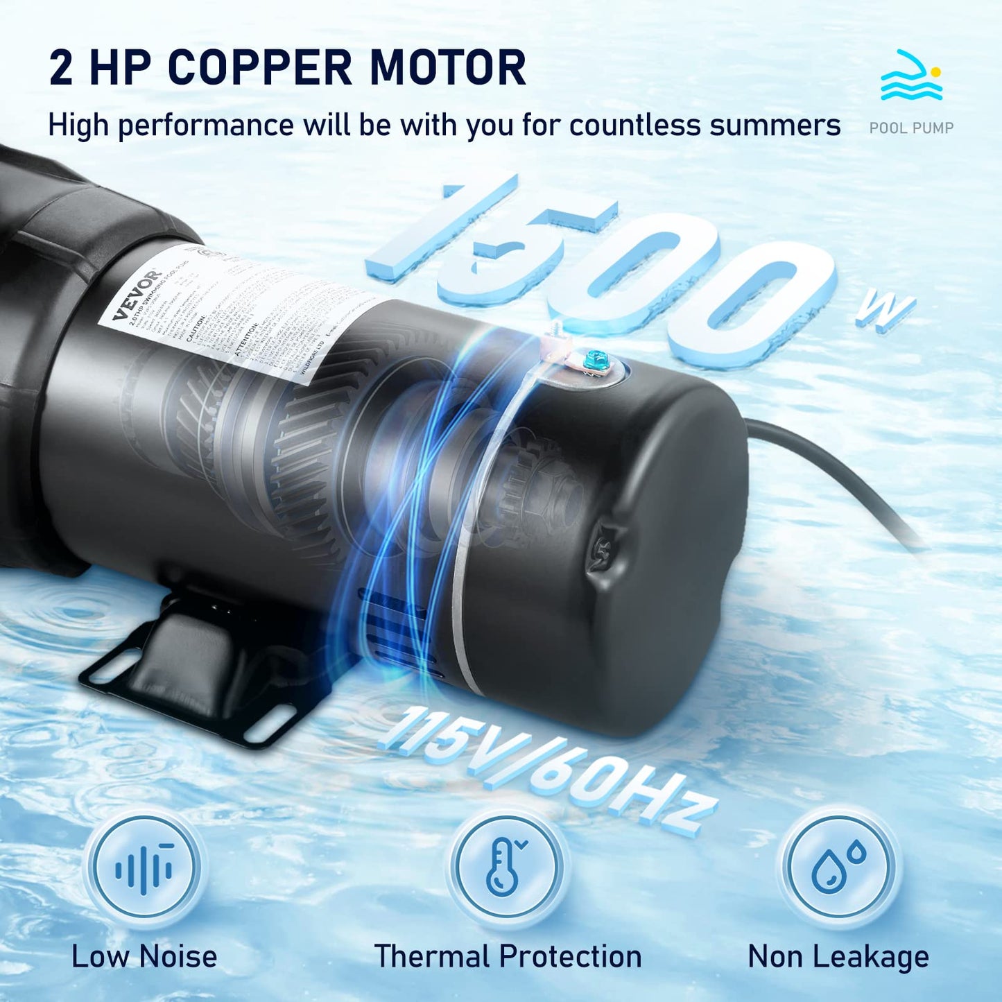 VEVOR Swimming Pool Pump, 2.0HP 115 V, 1500 W Single Speed Pumps for Above Ground Pool w/Strainer Basket, 5400 GPH Max. Flow, Certification of ETL for Security