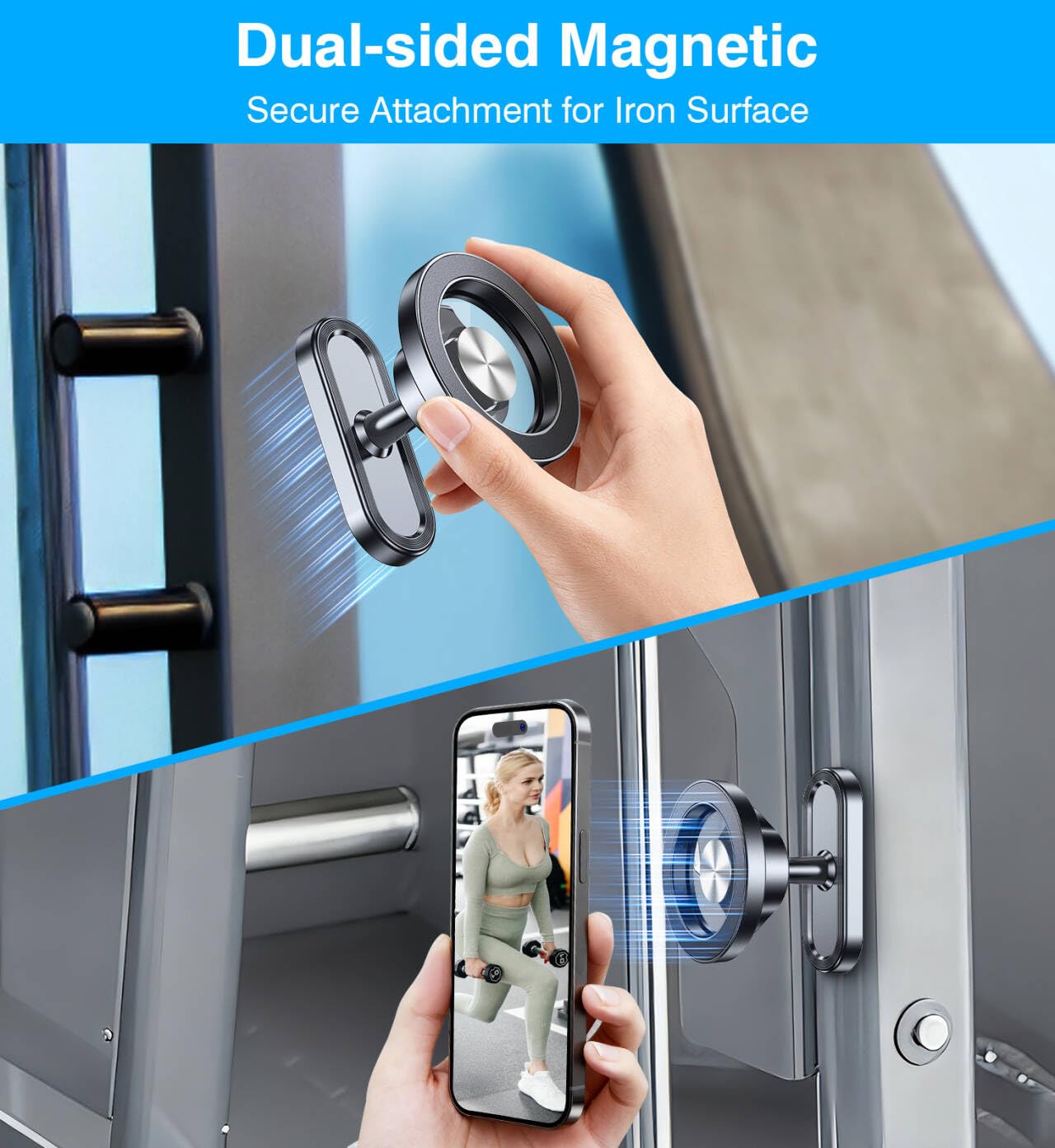 Coolpow Dual Magnetic Phone Holder for Gym Mag Safe Phone Holder【Strong Magnet】 Gym Phone Holder Camera Mount for Gym Accessories for Women Attach to Metal Surface with iPhone 17 Pro Max 16 15 14 13