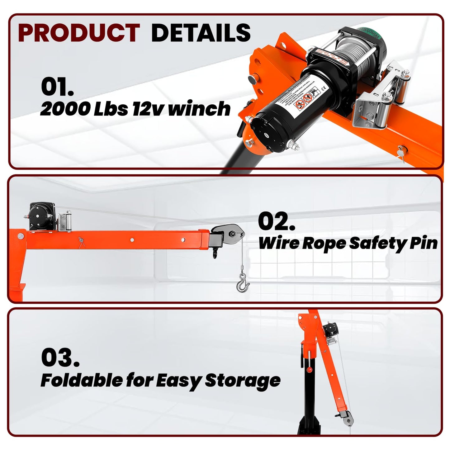 DEFNES 5000LBS Truck Bed Crane, 4000LBS 12V Electric Winch, Painted Alloy Steel Pickup Truck Jib Crane 360° Swivel Lift Electric Hoist, 3 Adjustable Loads & Heights, Truck Crane for Vans(4000LBS V2)
