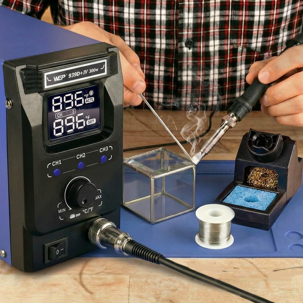 WEP 939D+IV 300W Heavy Duty Soldering Iron for Stained Glass, Larger Electronic Projects, PID Temp. Controlled LED Solder Station with 3 Quick Change Tips, Detachable Handpiece, 3 Pre-set Channels