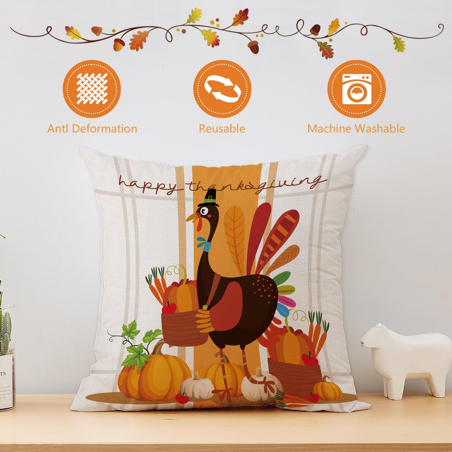 MEHOFOND Thanksgiving Pillow Covers 18x18 Set of 4, Fall Throw Pillow Covers Turkey Pumpkin Orange Farmhouse Home Decor Pillowcase Give Thanks Cushion Case for Sofa Couch