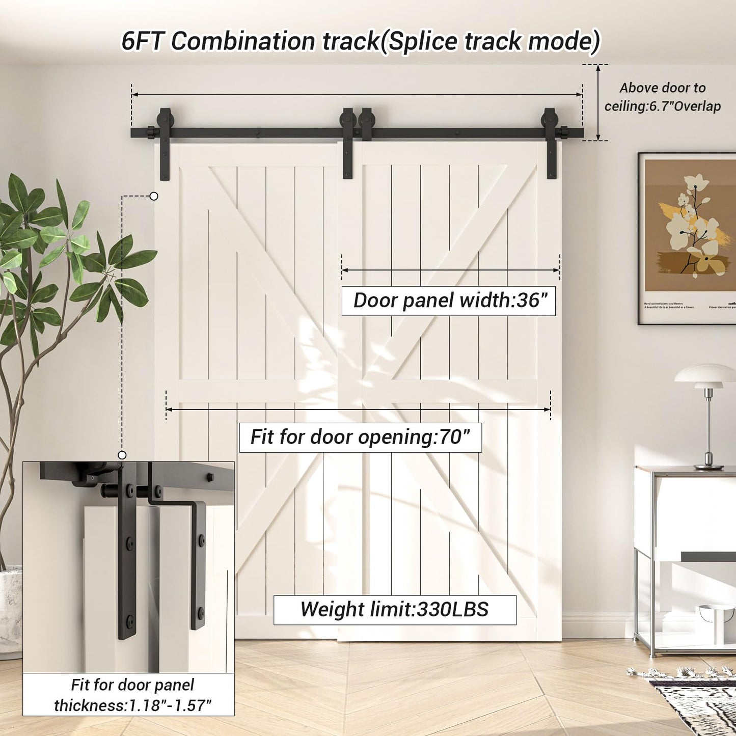 AONAYIOA 6FT Bypass Sliding Barn Door Hardware Kit, Combination Track Mode Sliding Door Hardware, Double Wooden Doors Use Single Track Bypass Barn Door Hardware Fit for Door Opening 70" (6 Feet)