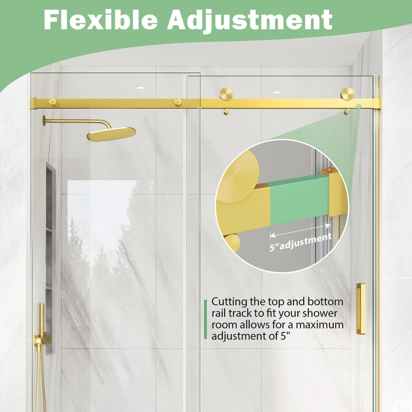 KPUY Frameless Shower Door, 43-48" W x 76" H Sliding Glass Shower Door, 1/4" (6mm) Thick Tempered Clear Glass with Explosion-Proof Film Nano Coating in Brushed Gold Finish
