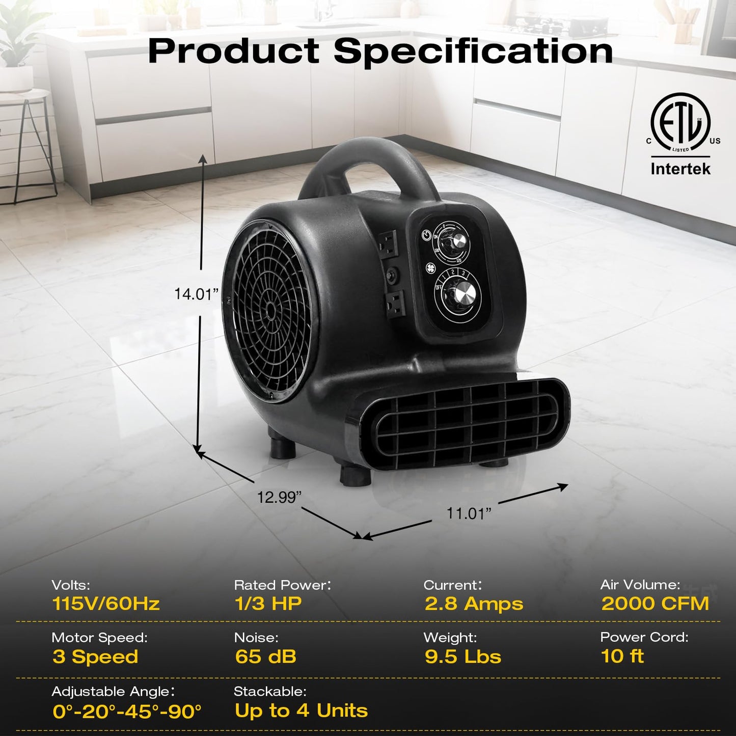 VORBO Air Mover Blower Fan, 1/3 HP 2000CFM Carpet Dryer, 3 Speeds Floor Blower Fan with Timer and 4 Adjustable Angles, Stackable, for Janitorial, Home and Commercial Use, Black