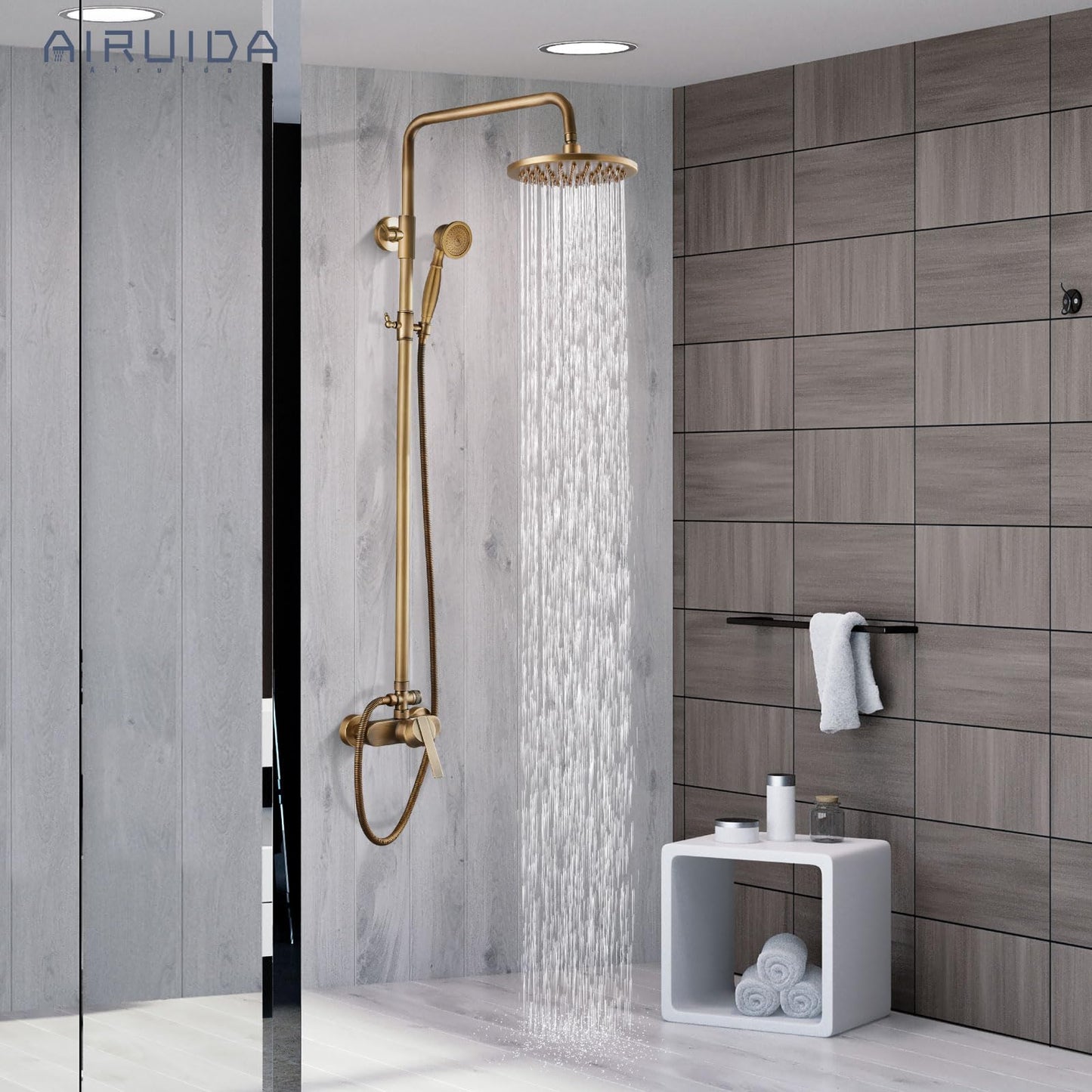 Airuida Exposed Shower System, 8 Inch Rainfall Shower Head with Handheld Spray, Single Handle Wall Mount Shower Faucet Set, Solid Brass Dual Function Exposed Pipe Fixture for Bathroom,Antique Brass