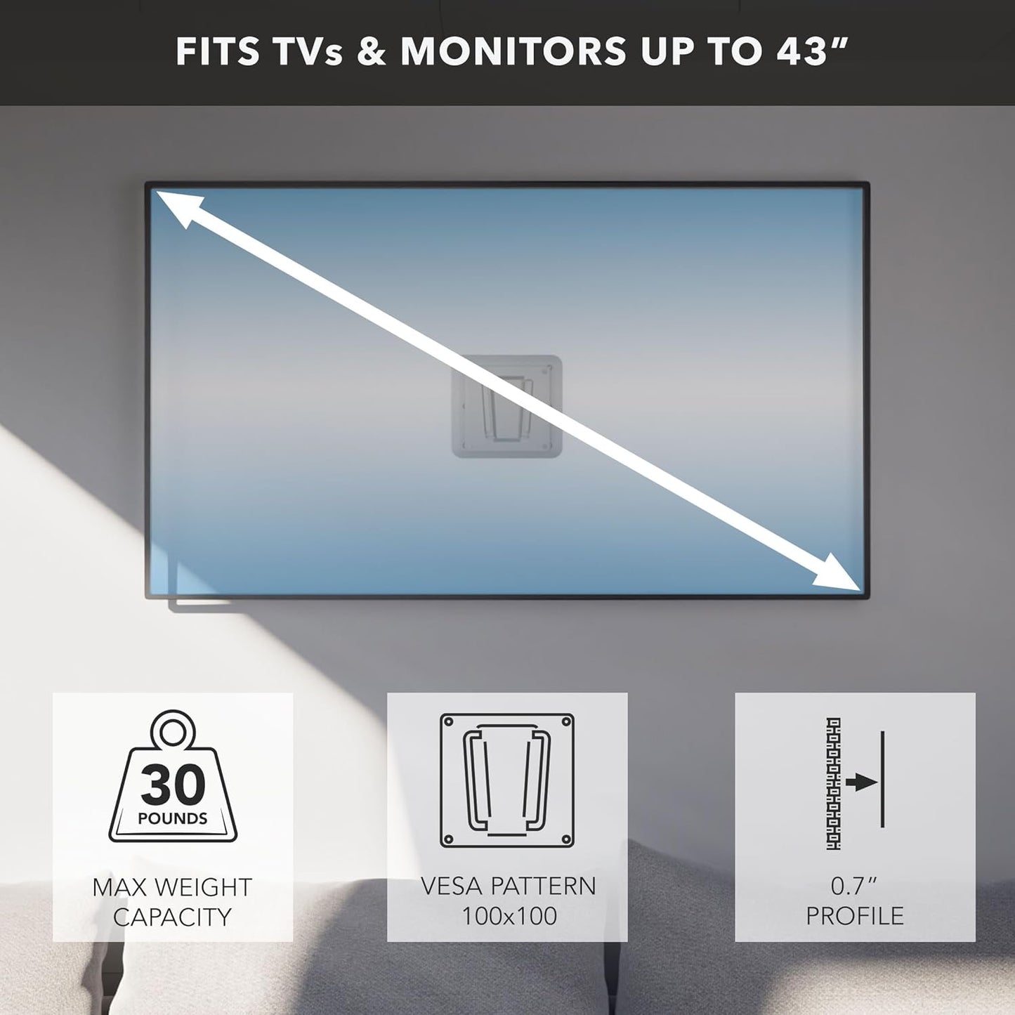Mount-It! 0.7" 13-43" 30 lbs, 75x75 100x100, RV TV Mount, Rust-Proof Polymer, Dual Wall Plates & Quick-Release
