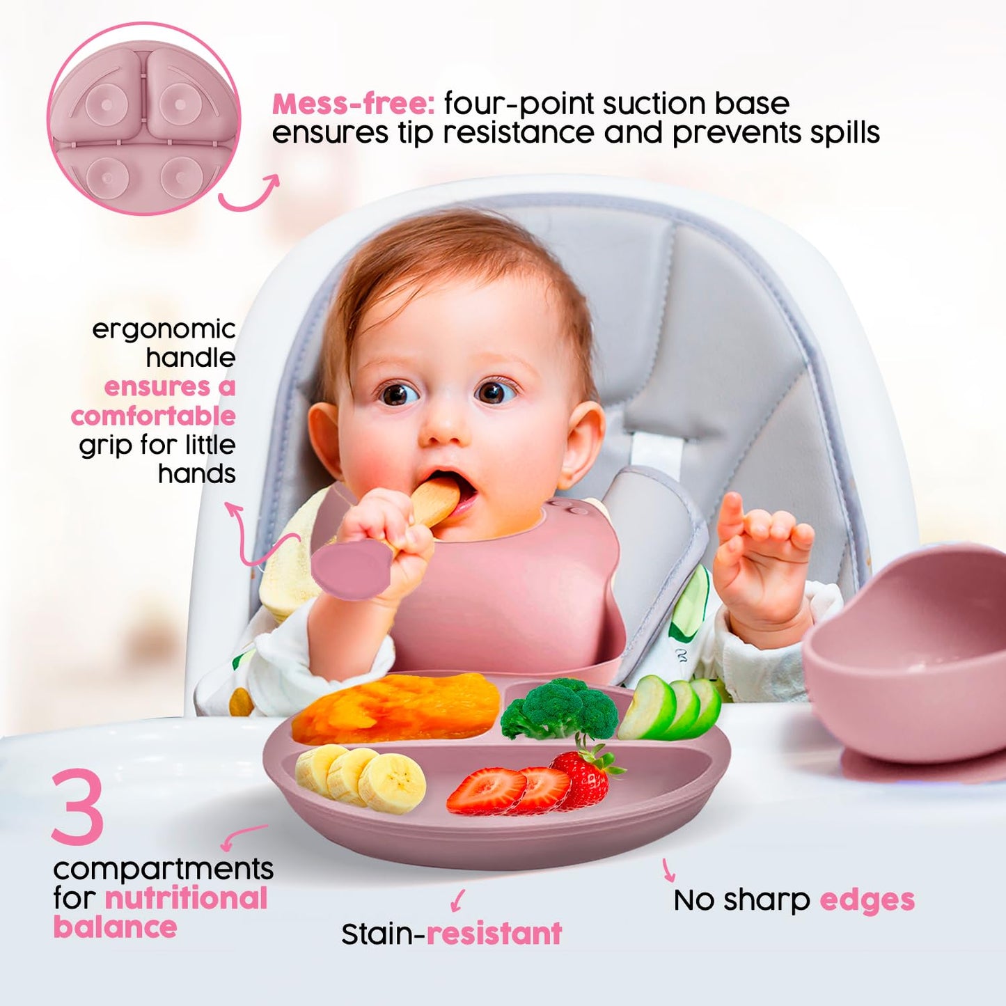 2025 Silicone Baby Feeding Set - All in One: Spoon, Fork, Suction Bowl, Divided Suction Plate, Sippy Cup, Silicone Bib and Travel Bib -6 + Month, Toddler & Baby silicone feeding set - BPA free, Pink