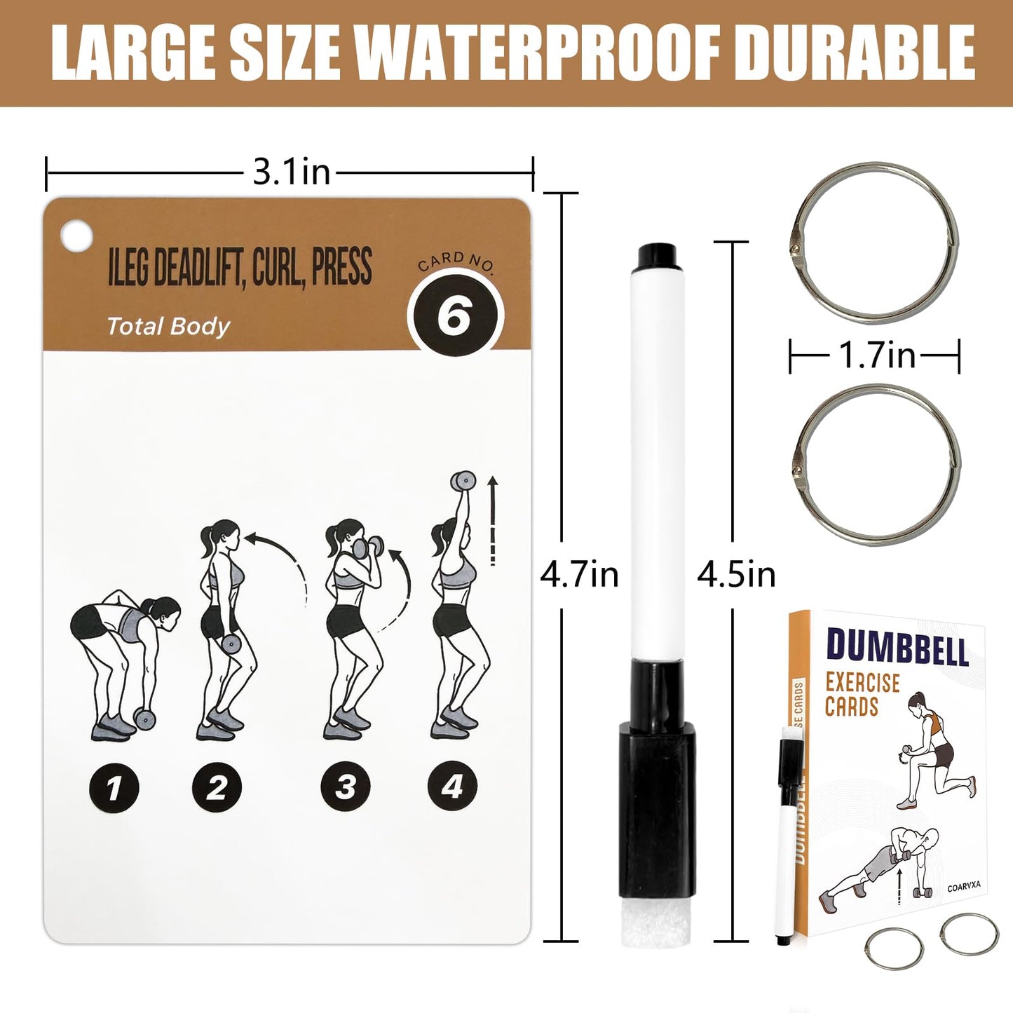 Dumbbell Cards for Women & Men-50 Dumbbell Workout Cards，Includes 2 Rings& Dry-Erase for Easy Organization-Home, Gym or Studio (Dumbbell)