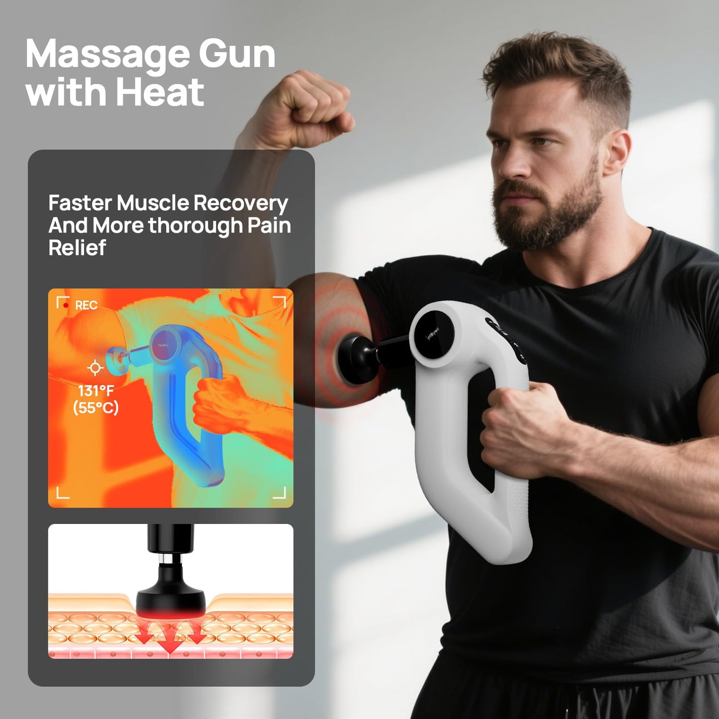 Massage Gun with Heat - Deep Tissue Percussion Massager for Pain Relief, 12mm Amplitude, 5 Speeds & 8 Attachments, Ideal for Muscle Recovery, Back Shoulder Leg - Gift for Athletes, Men, Women, White