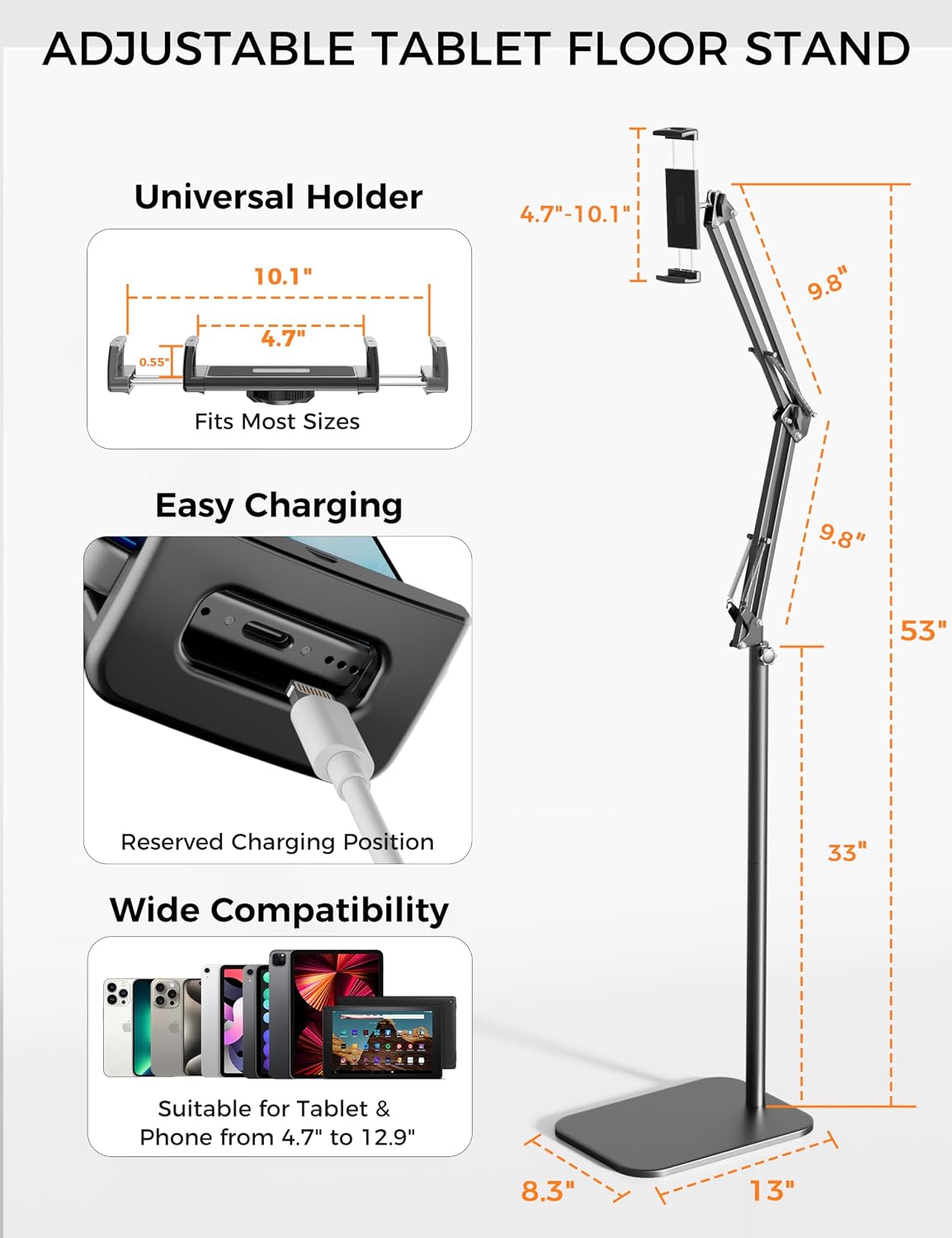 VOLTIFYMAX 360-degree 4.7~12.9 Inch-Screen Tablet Floor Stand, Rotatable Metal Tablet Stand Holder, Adjustable Kindle