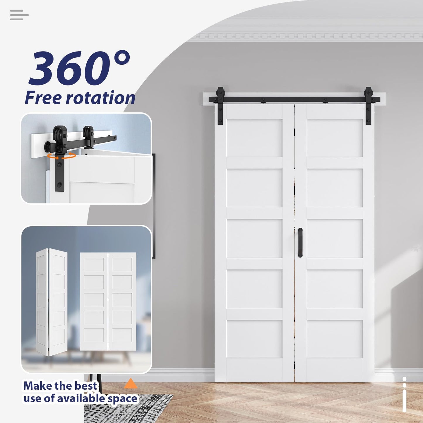 FREDBECK 42X84(Double 21x84) Bifold Door Bi-fold Barn Doors White Double with 46" Hardware Track Kit Included,Solid MDF with Water-Proof PVC Surface for Closet,Assembly Required