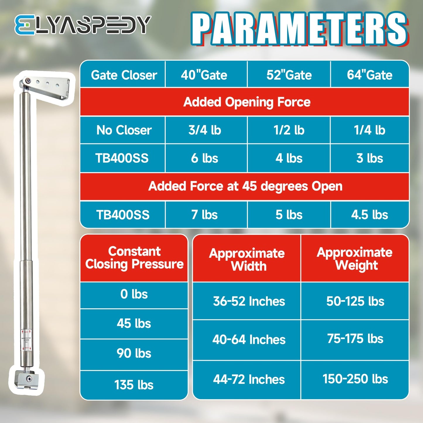 TB400SS Hydraulic Outdoor Gate Closer for 75 to 175 lbs, Stainless Steel, Width 40 to 64 Inches, Opening Pressure 6 to 12 Pounds, for Farms, Ranches, Gardens, Sports Complexes, Home Yards