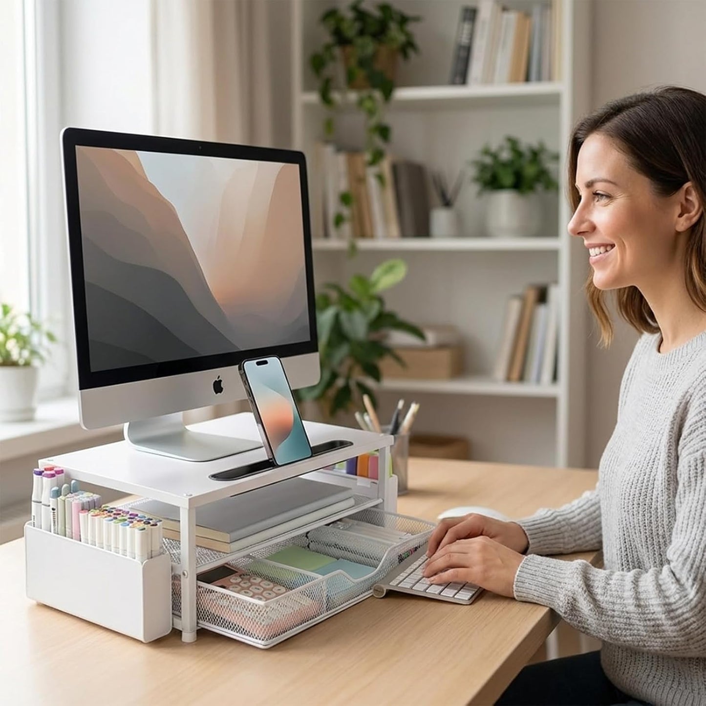 2-Tier AUPSEN White Monitor Stand Riser, Wood Computer Desk Organizer with Drawer, Pen Storage & Phone Holder, Office