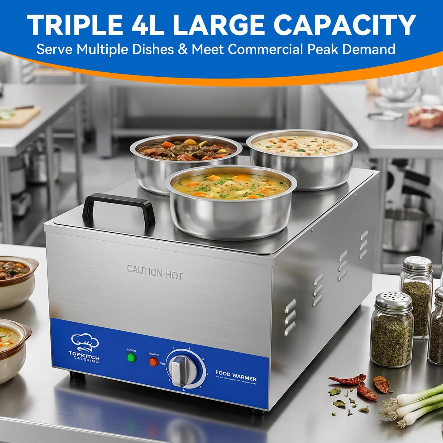 TOPKITCH ETL Listed Commercial 12L Soup Warmer with 3×4L Pot Buffet Bain Marie,Commercial Electric Food Warmer-120V 200W, Seamless One-Piece Tank, 30-85℃ Adjustable Temp Range.