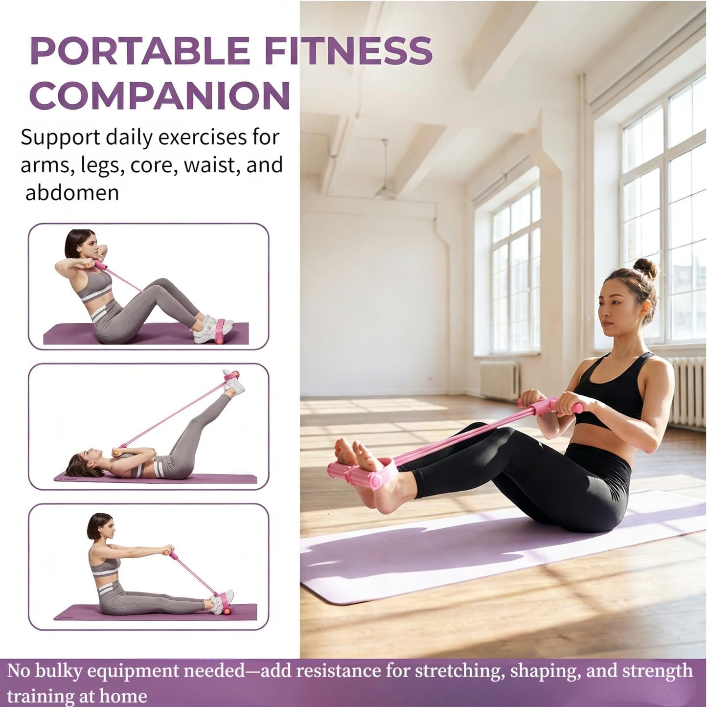 Pedal Resistance Band with Handle, Up to 50lbs 6-Tube Multifunction Pedal Resistance Band for Home Workout, Natural Rubber Foot Pedal Resistance Band with Storage Bag (Purple)