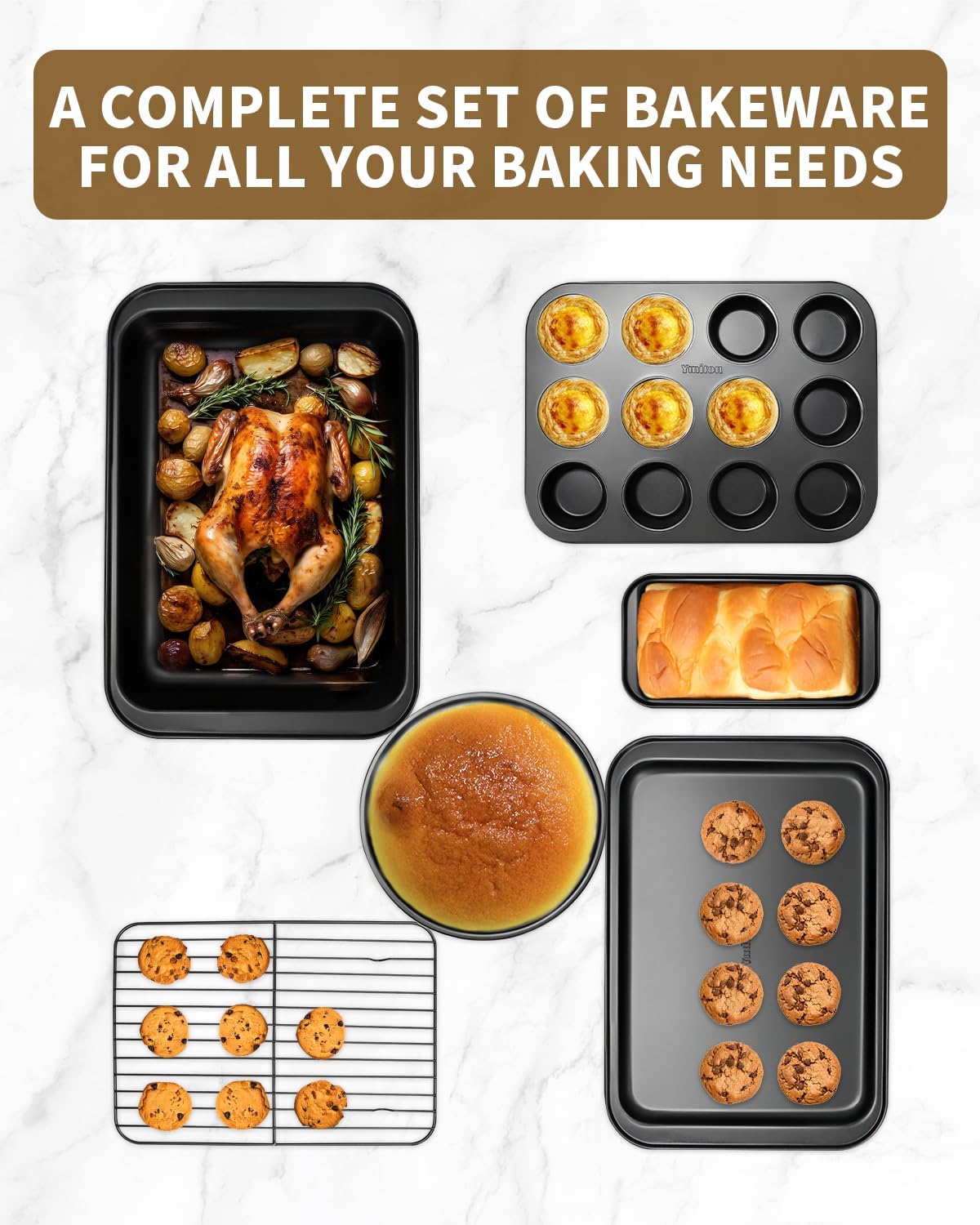 Skiennix Nonstick Baking Pans Set - 19 PCS Stackable Bakeware with Cookie Sheets, Cake Pans & Muffin Cups