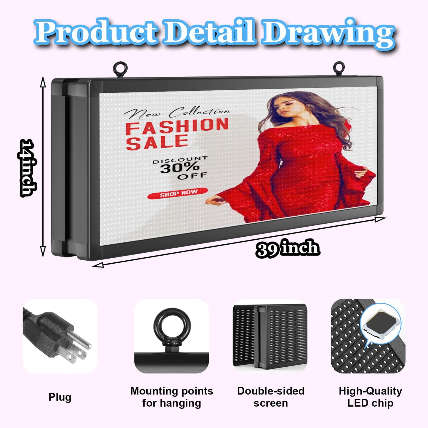 P10 Outdoor Full Color Programmable Double Sides LED Signs 39"x 14" with WIFI,Programmable Scrolling LED Display,Texts and Image Display for led Advertising Sign Board (Double sides)