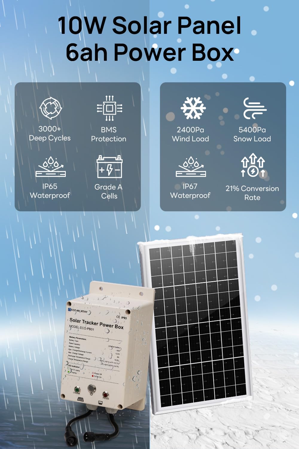 ECO-WORTHY Power Box for Solar Tracker System IP65 Waterproof: 10W Monocrystalline Solar Panel + 6AH 12V LiFePO4 Battery with 3000+ Cycles and BMS Protection Plug and Play for Garden and Outdoor