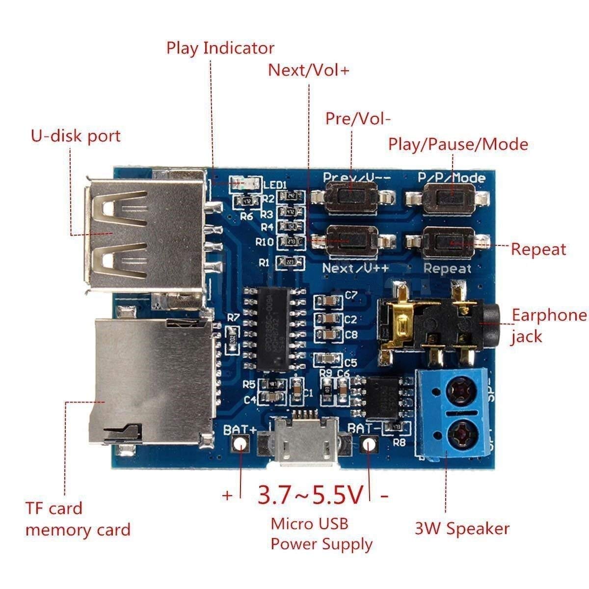 MP3 5V HiLetgo TF Card U Disk Play Decoder Player Module with Audio Amplifier Audio Decoding Player Module Micro USB
