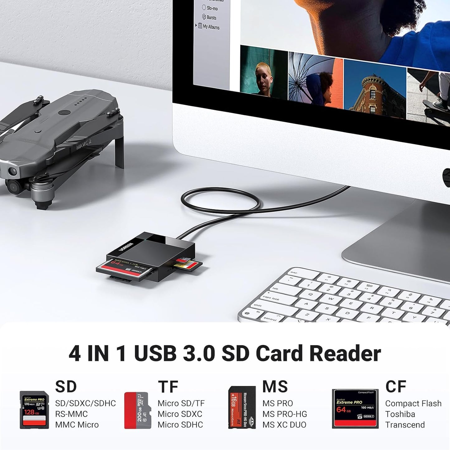 UGREEN 3.0 5Gbps 4 MMC, SD Card Reader USB Card Hub Adapter Read Cards Simultaneously CF, CFI, TF, SDXC, SDHC, SD