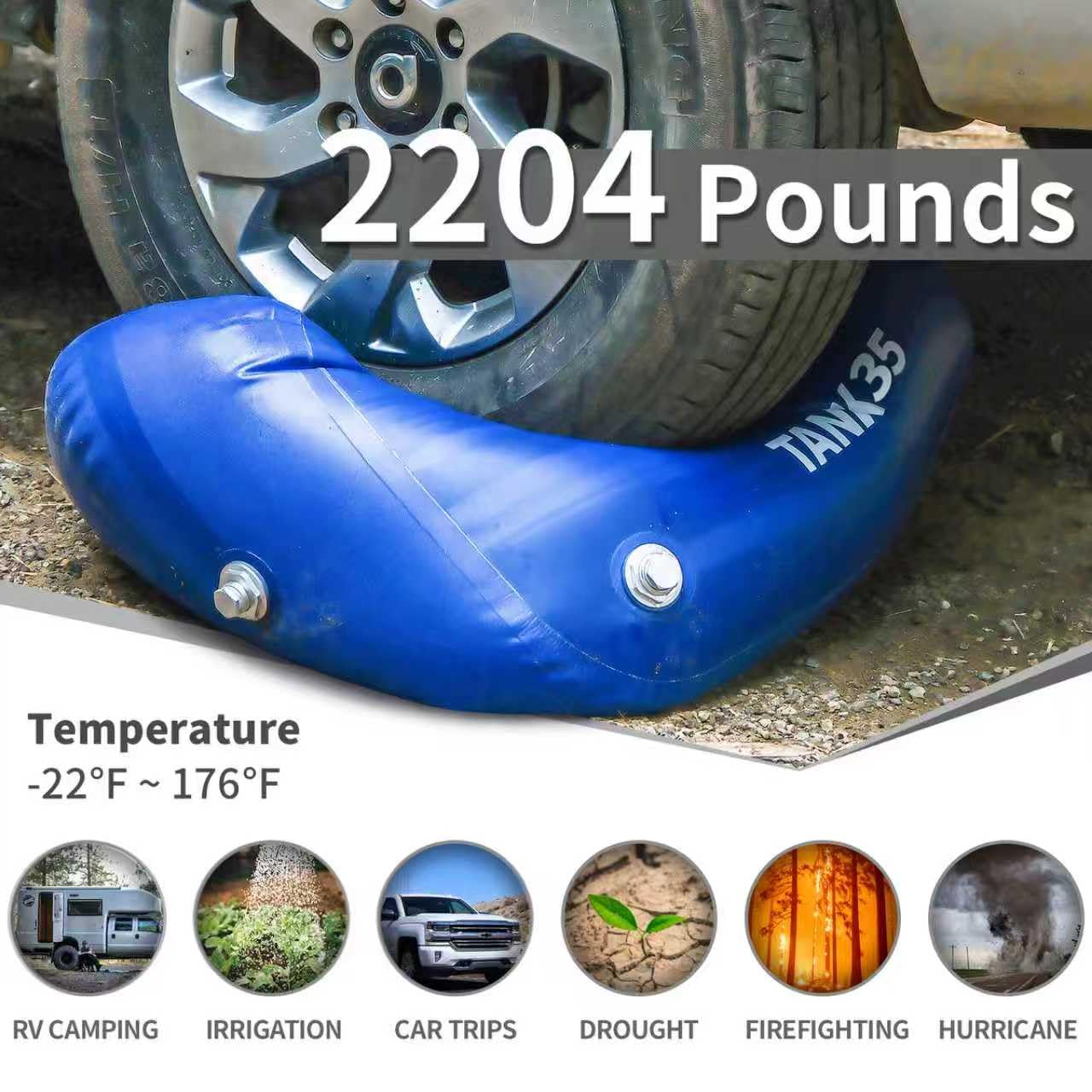 TPU Water Storage Bladder, 35 Gallon Portable RV Fresh Water Tank, Food Grade BPA Free Collapsible Flexible Container for Drinking, Camping, Irrigation & Emergency-Hurricane, Drought, Fire (3/4” GHT)