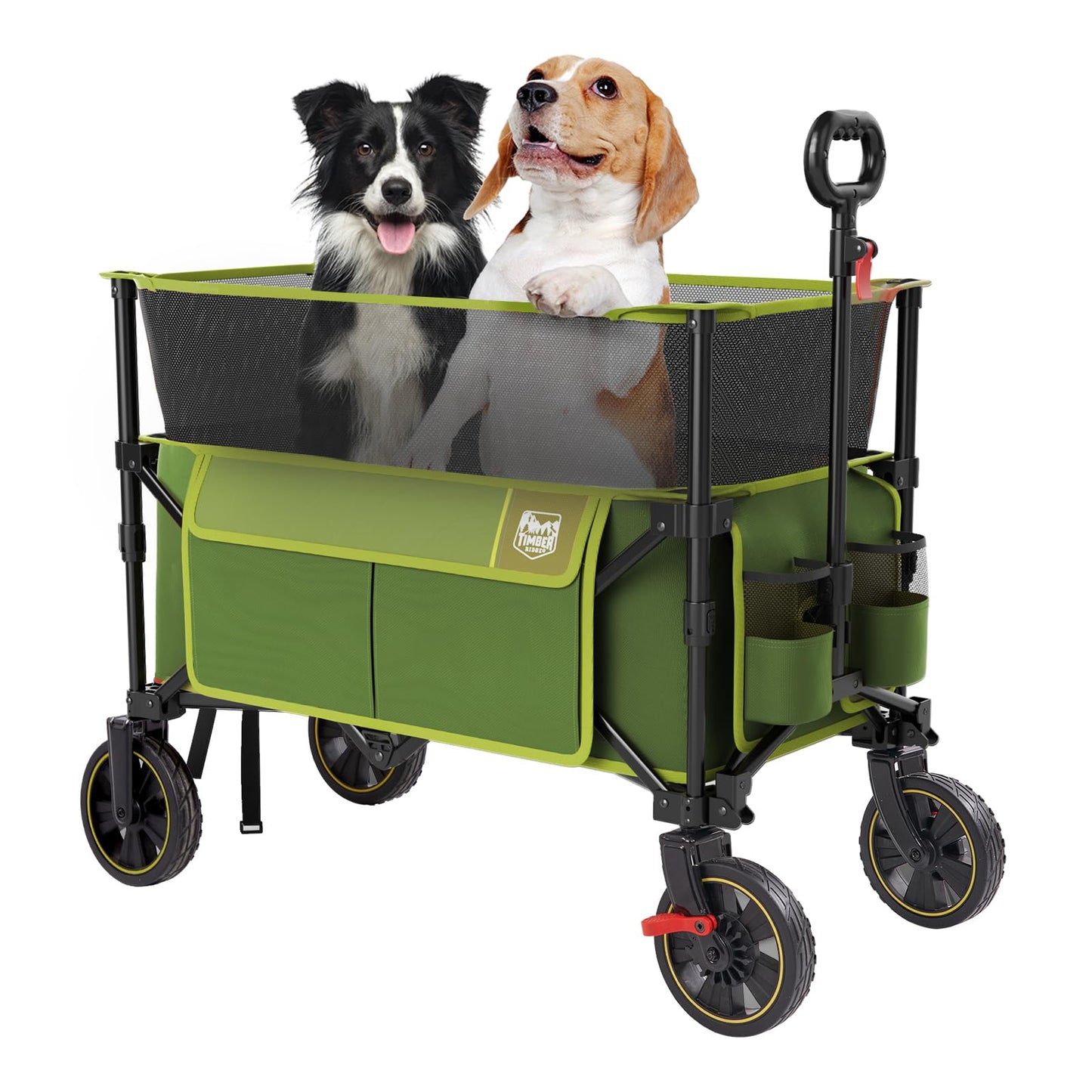 Timber Ridge Collapsible Folding Wagon 350L Extra Large with Brake, Heavy Duty Camping Utility Cart Outdoor, Extended Height Adjustable Handle, Cup Holders, Side Bag, Green