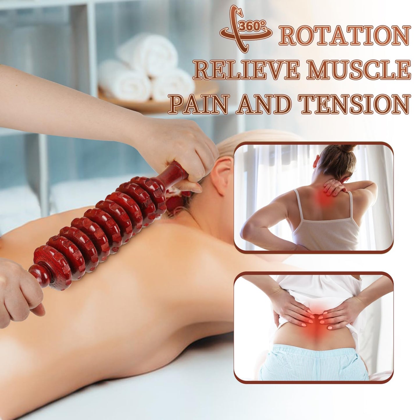 Liitrton Manual Wooden Fascia Massage Roller Trigger Points for Release Cellulite Sore Muscle Blasting (Red straight-9-Wheel)