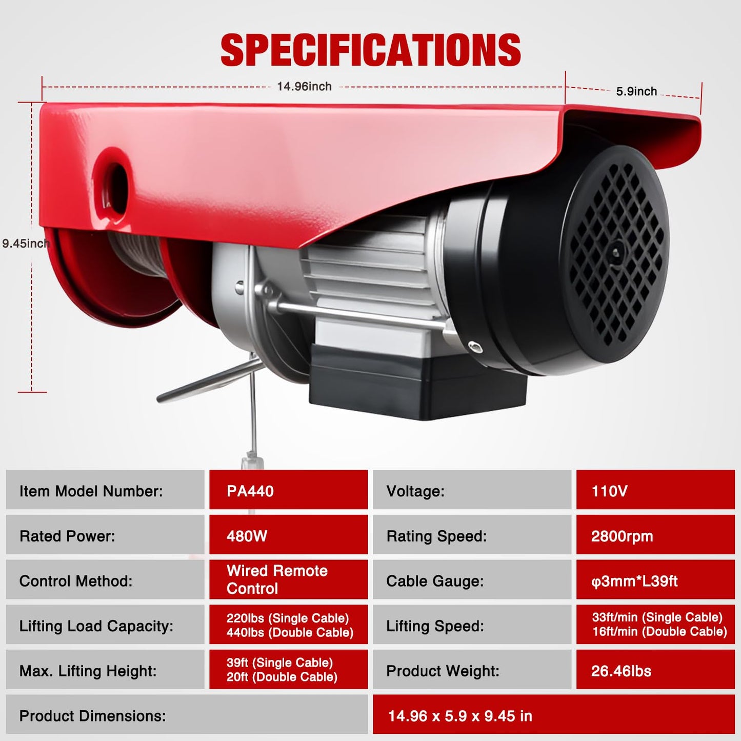 Nilight Electric Hoist 110V Electric Winch with Wired Remote, 440LBS Hoist Lift Single/Double Slings 39FT Lifting Height Material Handling Tool w Emergency Stop for Garage Warehouses Factories Attic