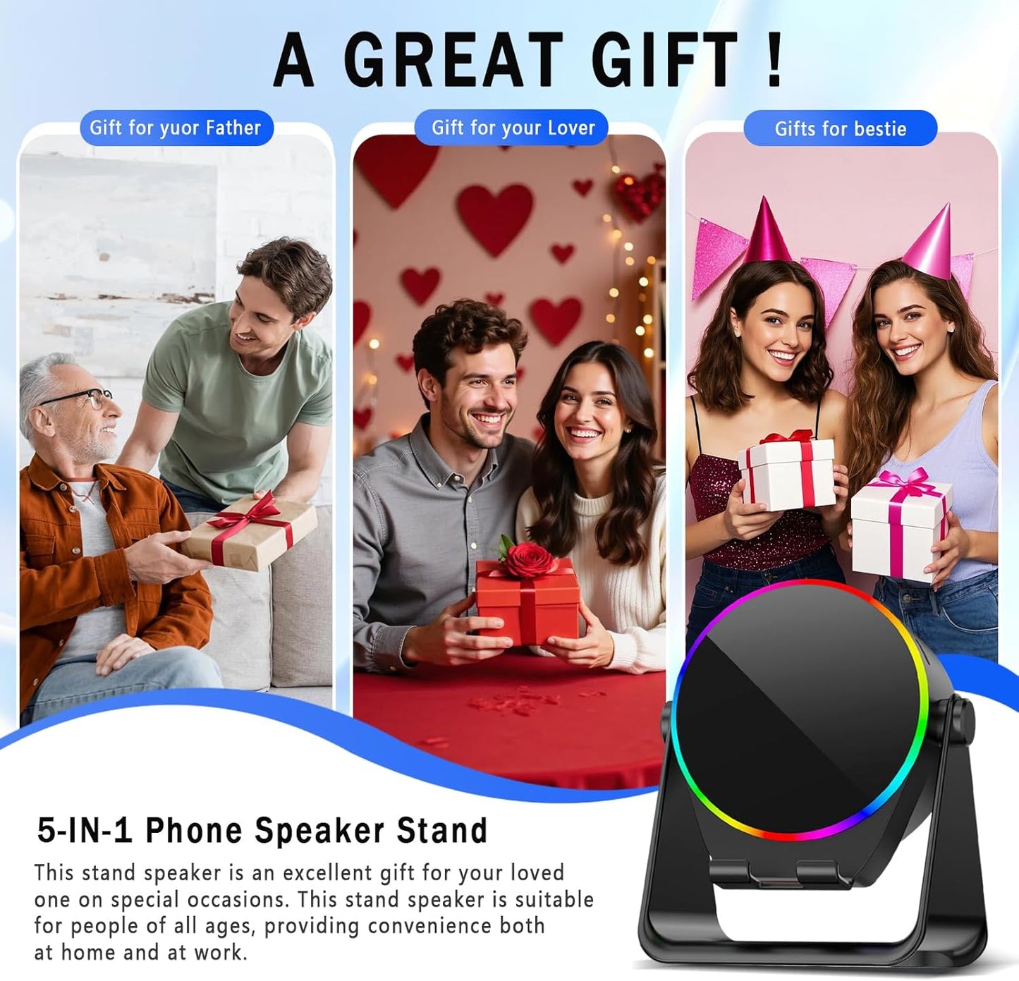 TEFELE 5-in-1 360 Wireless Induction Speaker, Bluetooth Speaker with Phone Holder, Rotation & RGB Lights, HD Stereo