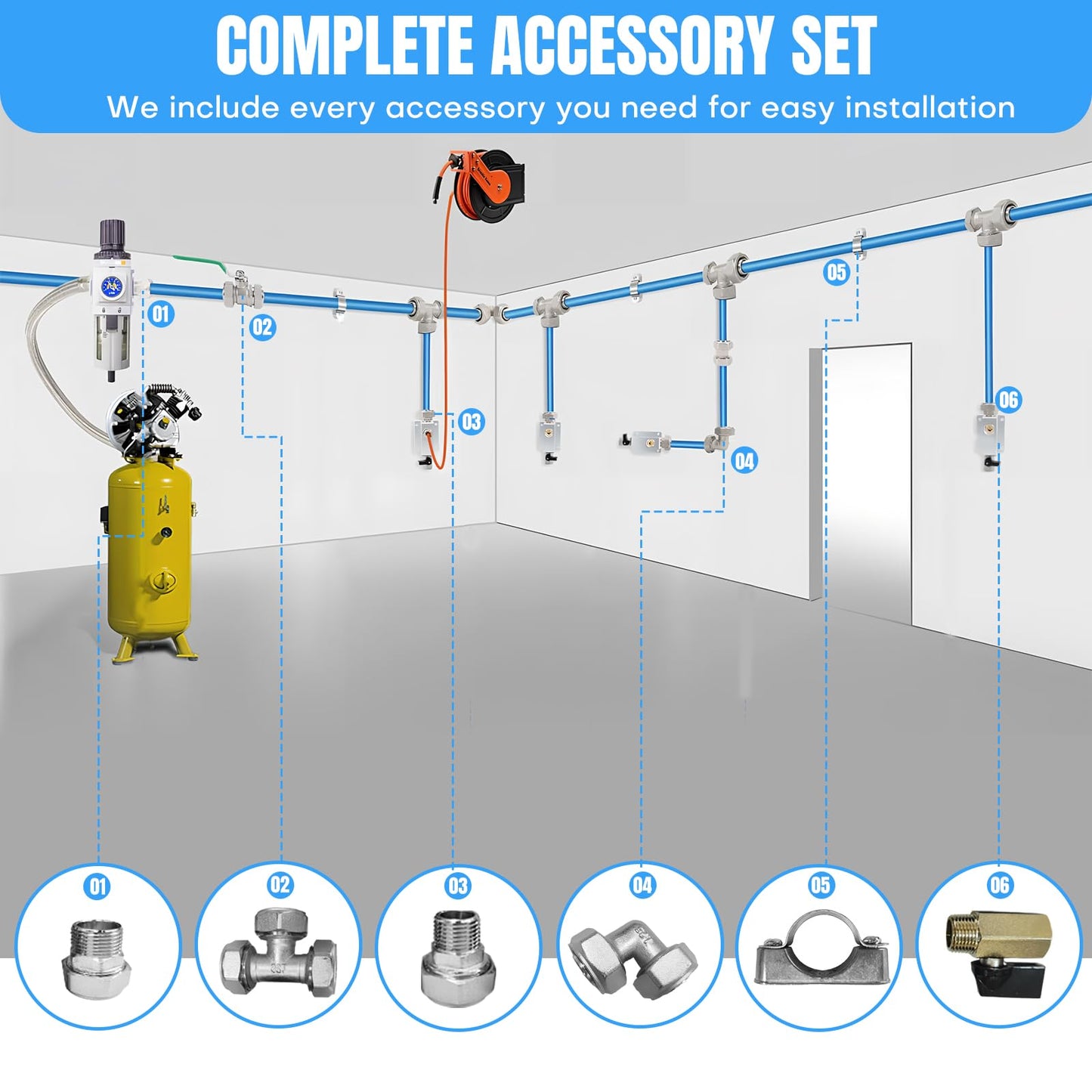 3/4 Inch x 200 FT Shop Air Line Kit, Compressed Air Piping System for Shop, Garage, HDPE Tubing and Aluminum Rapid Air System Includes Right Angle Fittings and Tee Fittings, Air Line Tubing Kit