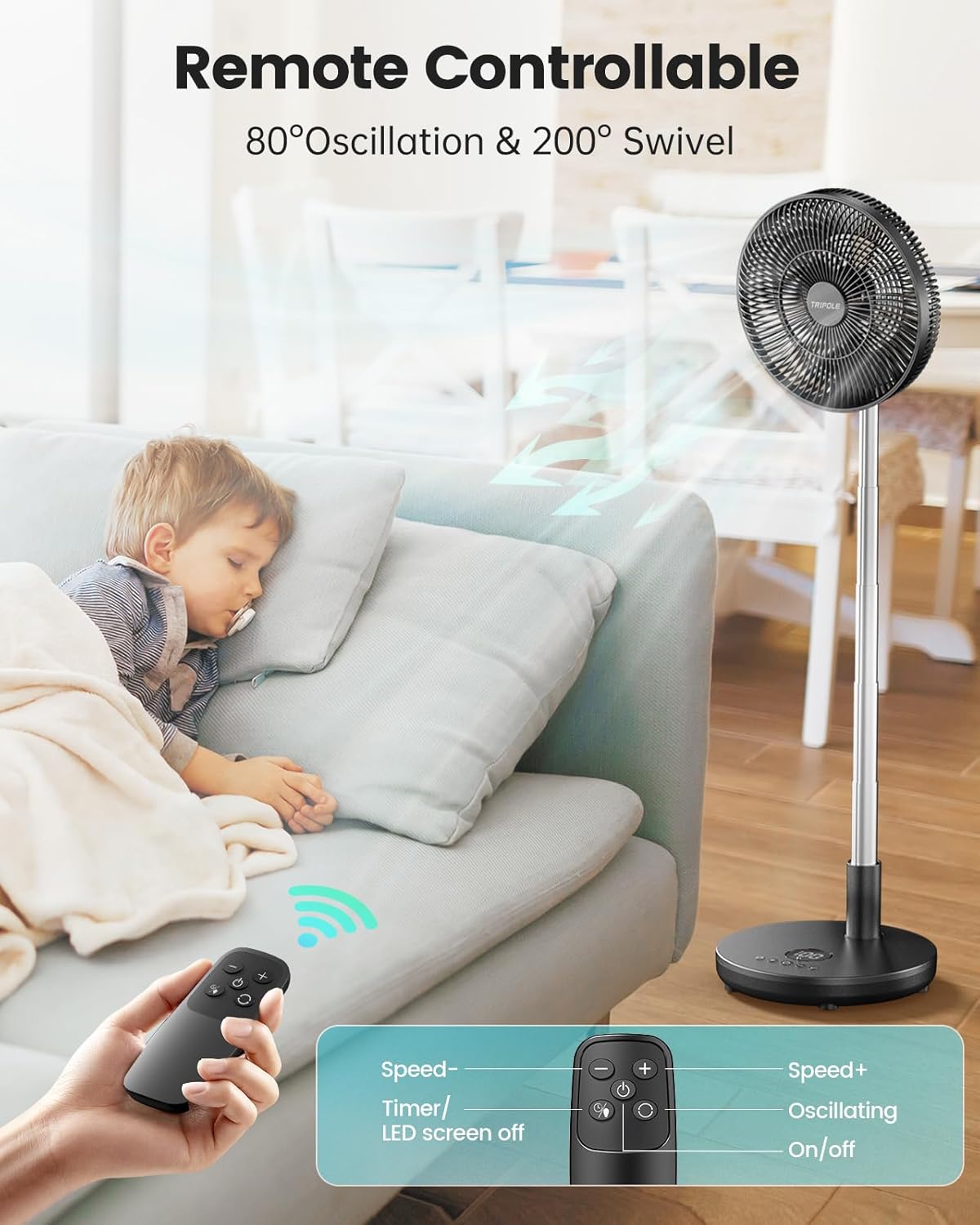 TriPole 12" Portable Rechargeable Standing Fan - Foldable Design, Remote Control, 6 Speeds, Adjustable Height, Black