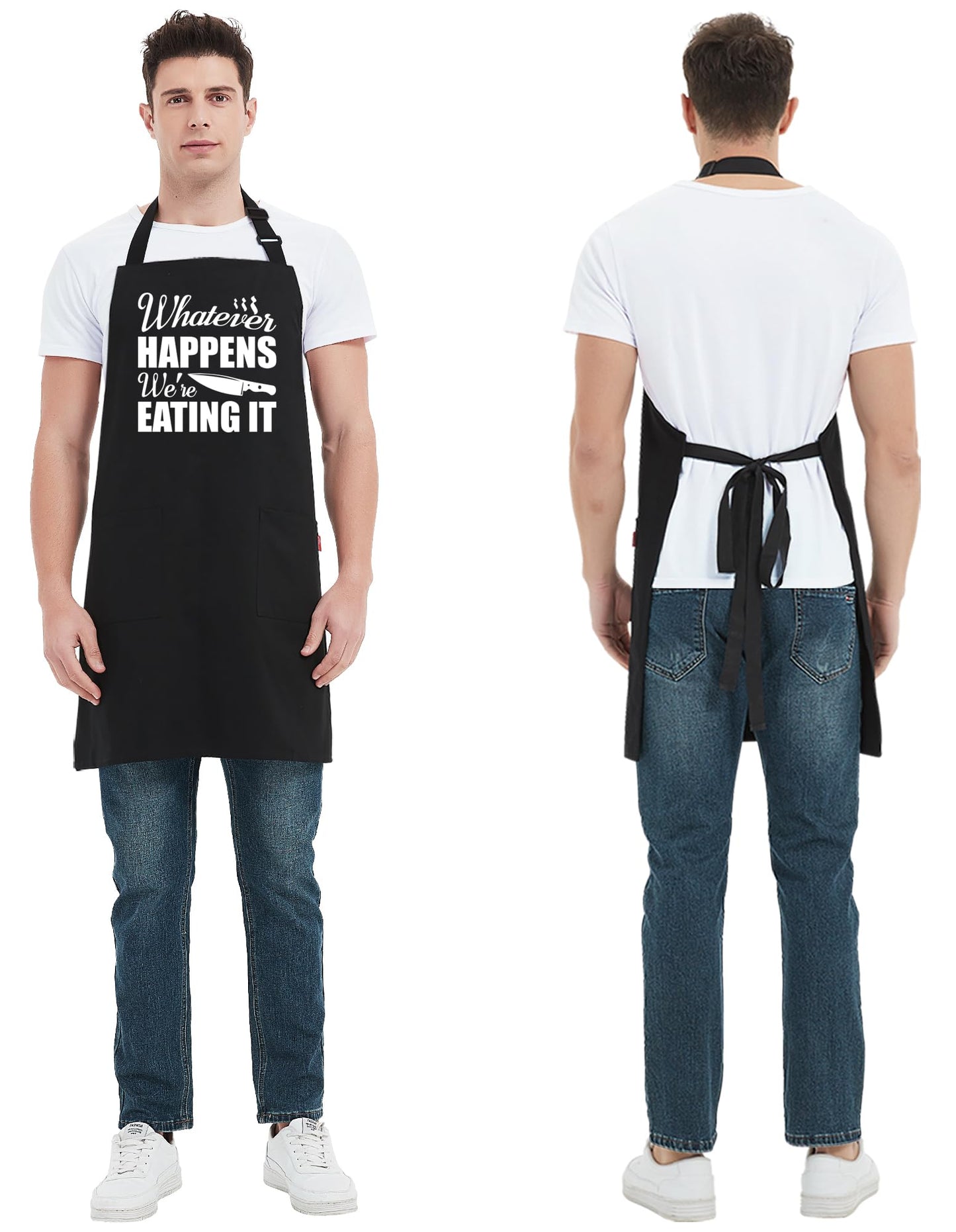 Kaidouma Funny Grill Aprons for Men - Whatever Happens We’re Eating It - Men‘s Funny Kitchen Chef Cooking Grilling BBQ Aprons with 2 Pockets - Father’s Day Birthday Christmas Gifts for Dad, Husband