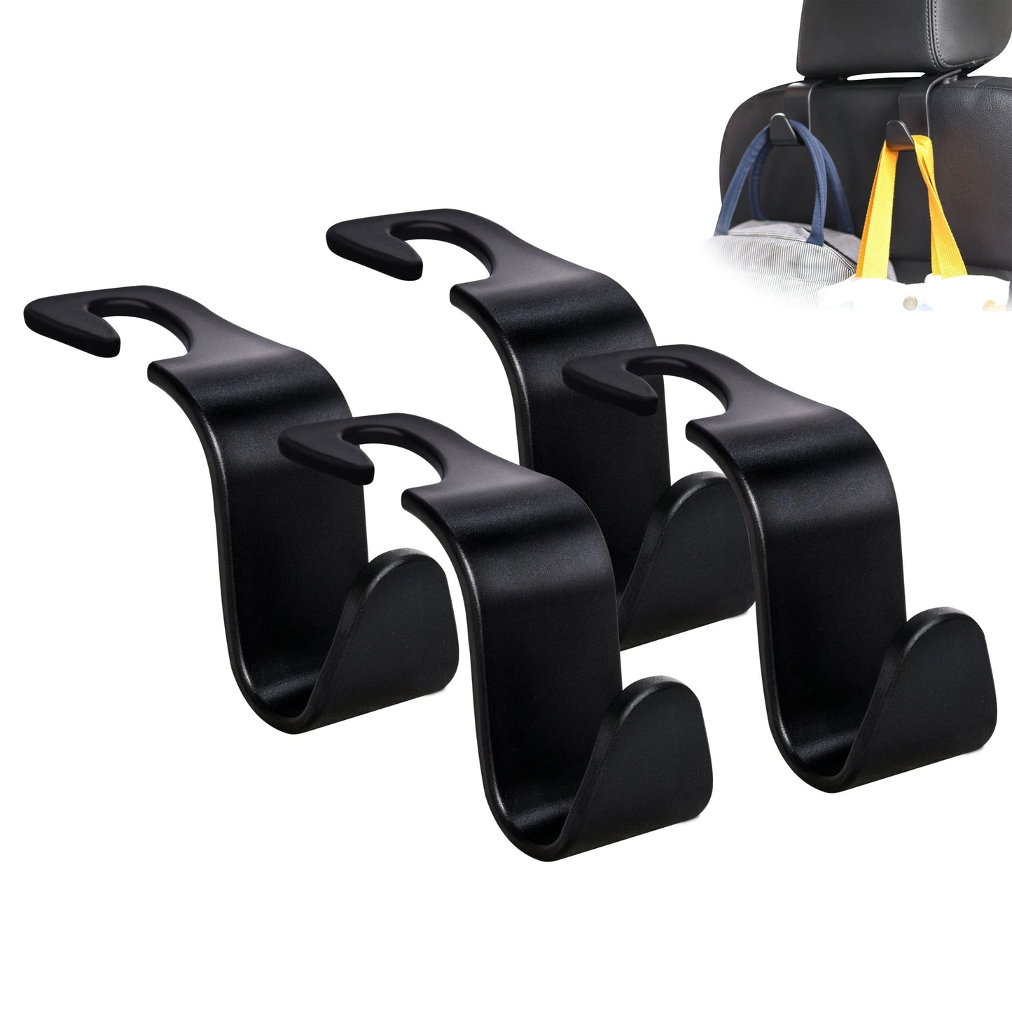 Amooca 4-Pack Car Headrest Hooks Vehicle Storage Organizer for Purses Handbags Groceries Backpack Coats –Holds 55lbs 360° Rotating Black