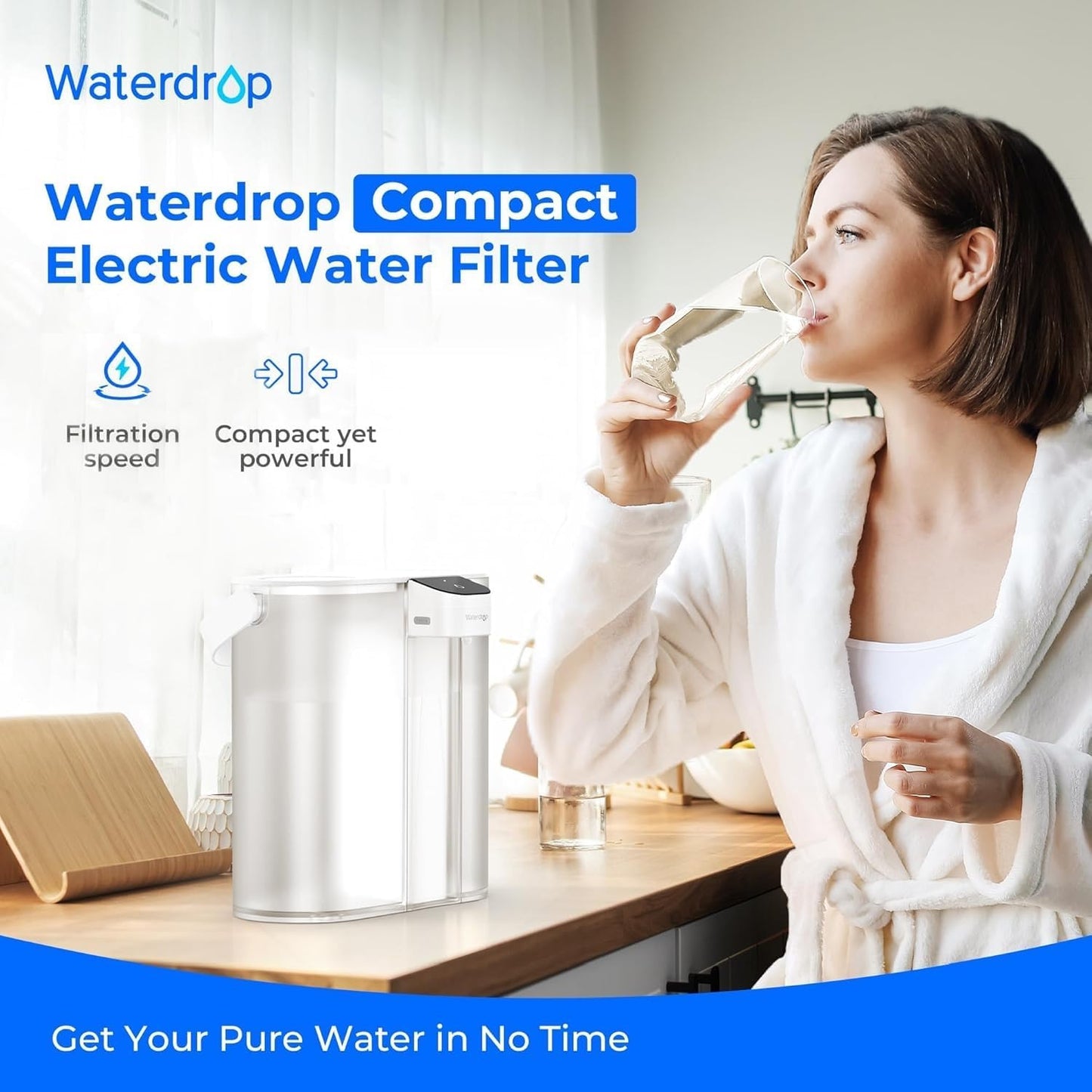 Waterdrop Compact Electric Water Filter Pitcher - 200-Gallon Rechargeable Dispenser | Reduces PFOA, Lead & Chlorine, 14-Cup, White