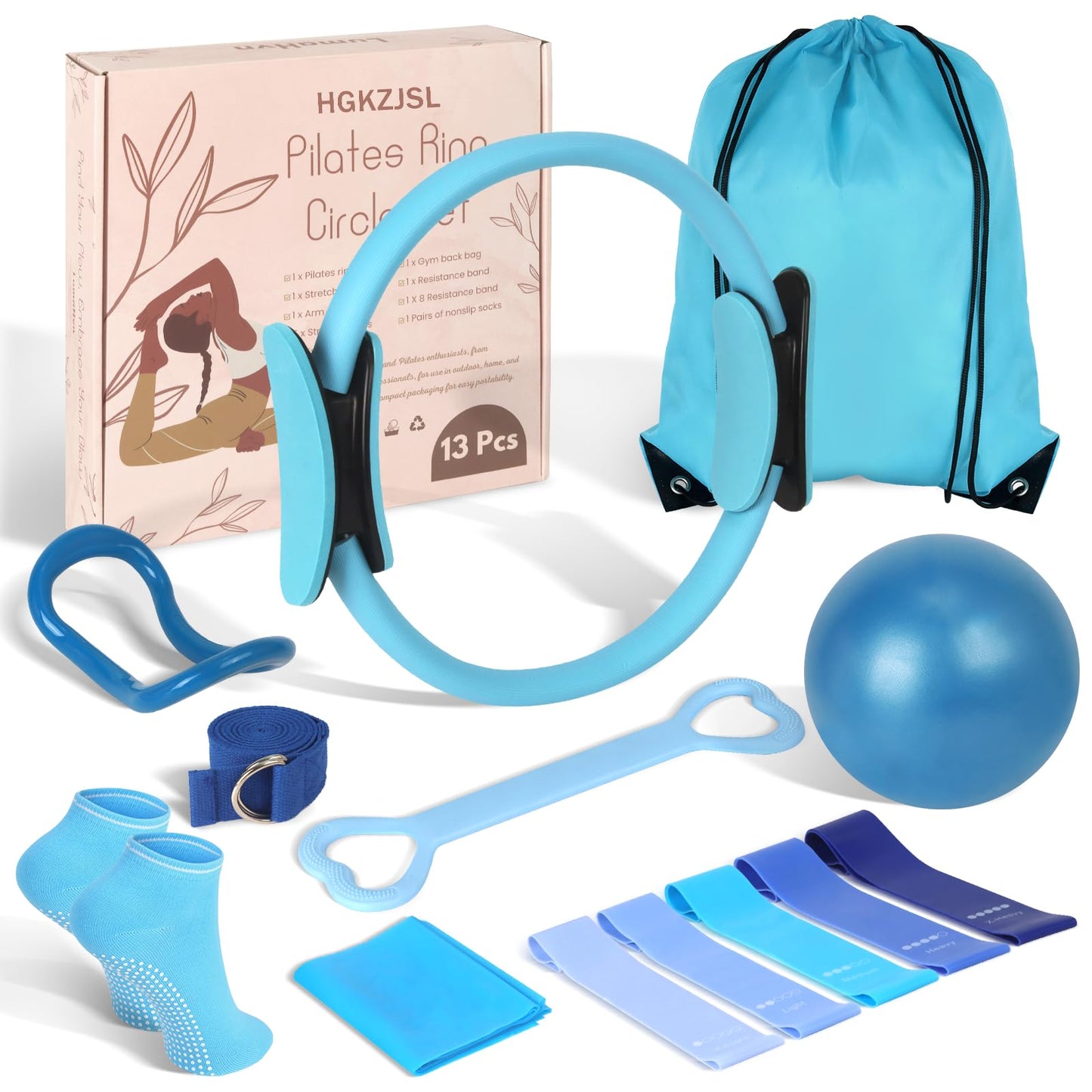 Pilates Kit for Women 13PCS, Pilates Ring and Ball Set with Magic Circle, Resistance Bands Set, Figure 8 Band, Yoga Ring & Grip Socks, Home Workout Equipment Essentials Starter Kit for Beginners