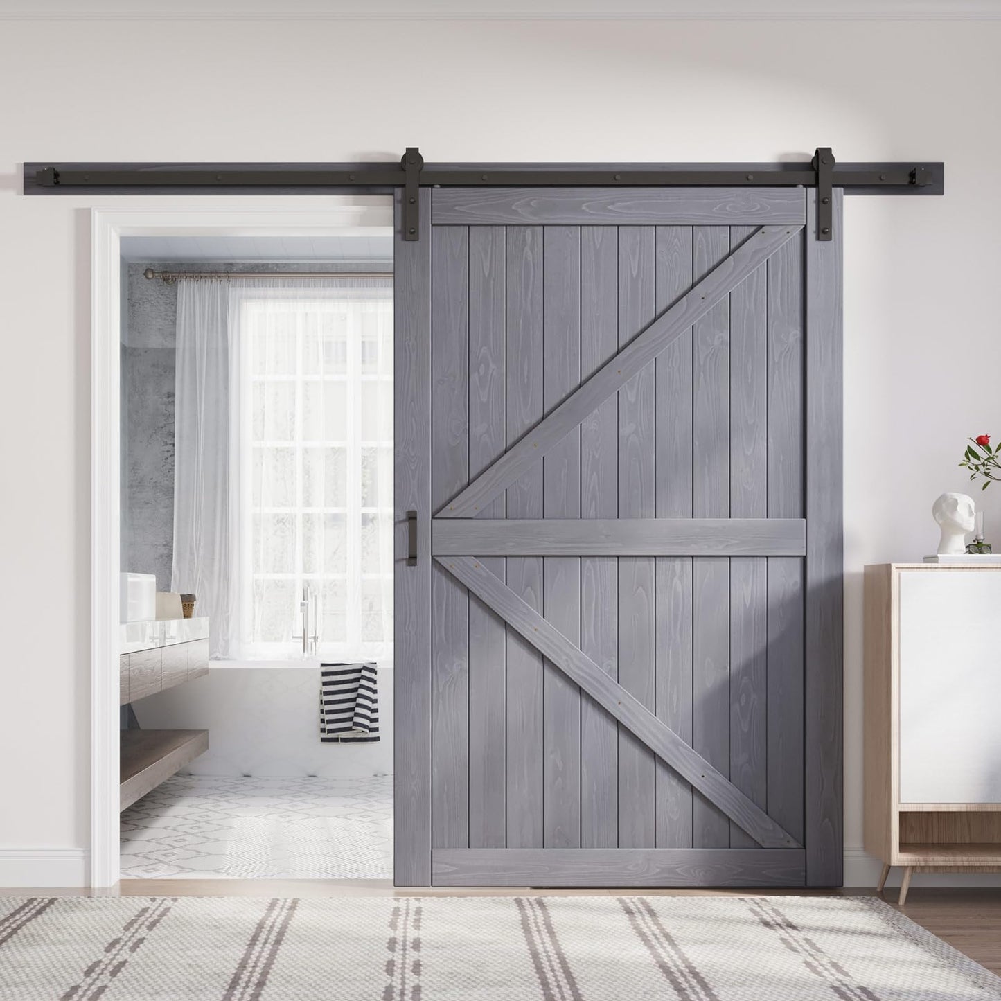 FREDBECK 54in x 84in Gray Wood Barn Door Slab with 9ft (108inch) Barn Door Hardware Track Kit Included, Double Surfaces,Simple Assembly is Required,K-Frame,Grey