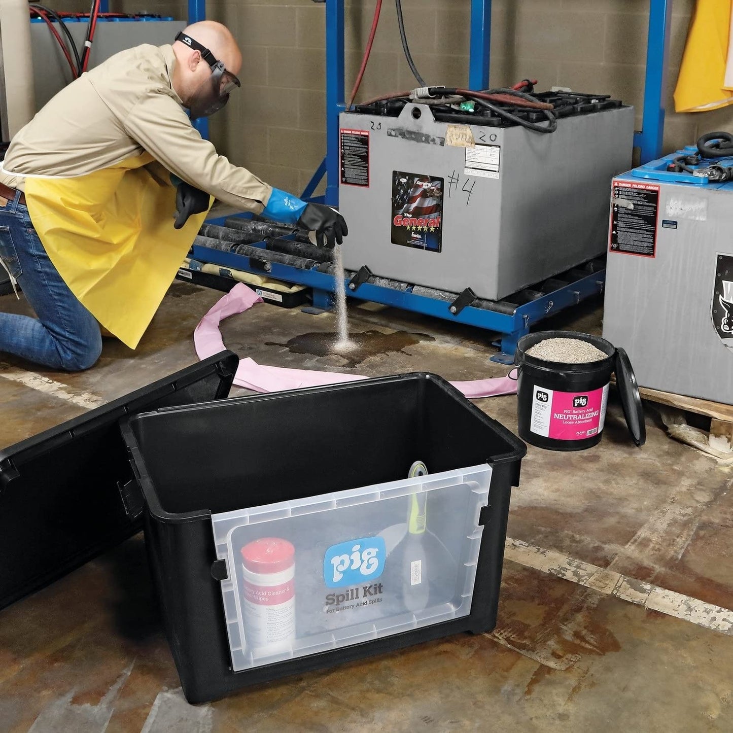 PIG Battery Acid-Neutralizing Spill Kit - 15" W x 19.5" L x 17.5" H - Absorbs up to 3.8 gallons - KIT322