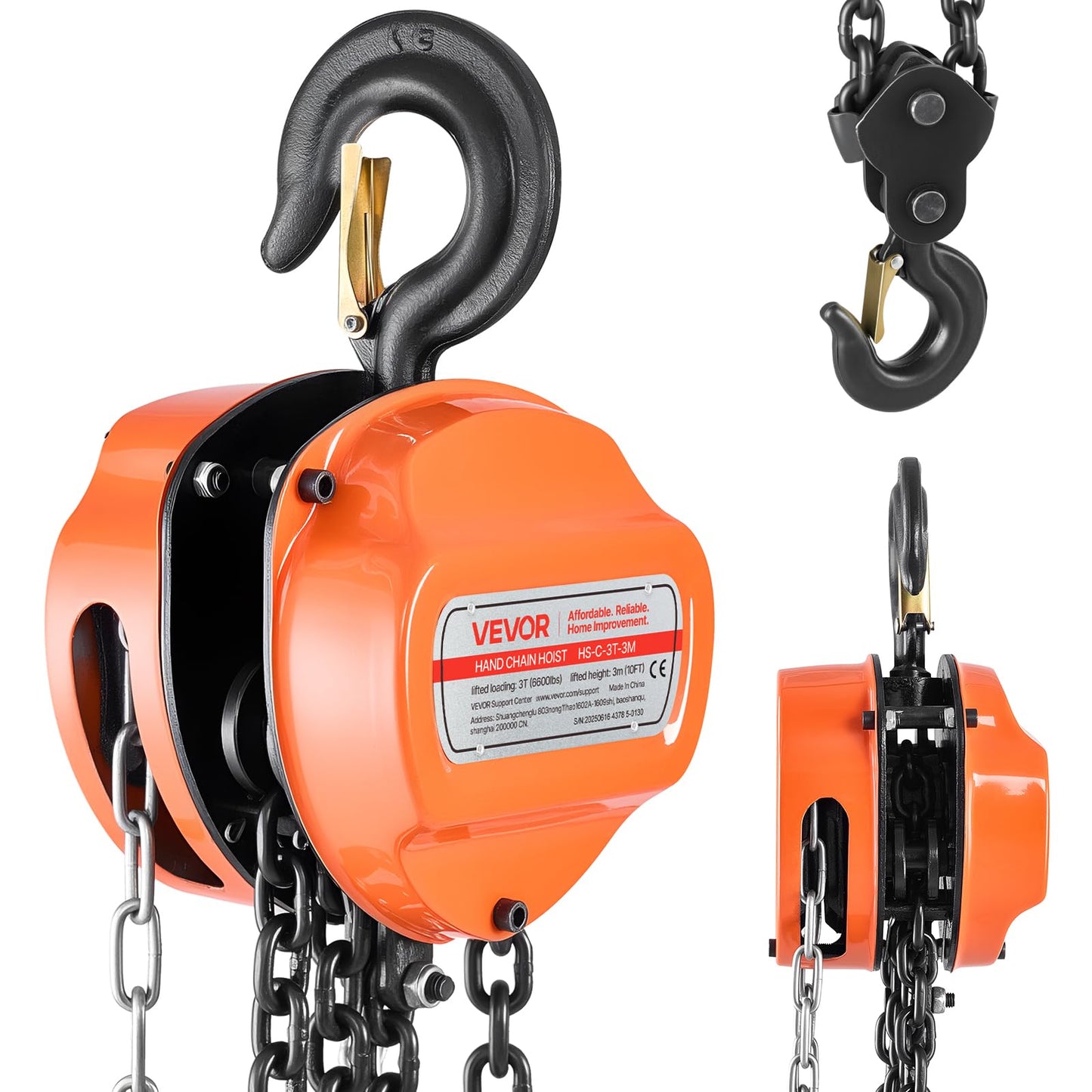 VEVOR Hand Chain Hoist, 3 Ton 6600 lbs Capacity, Manual Chain Block with Upgrade G80 Galvanized Chain, 10 ft Lifting Height, Heavy Duty Pulley Hoist for Garage Warehouse Automotive Machinery, Orange