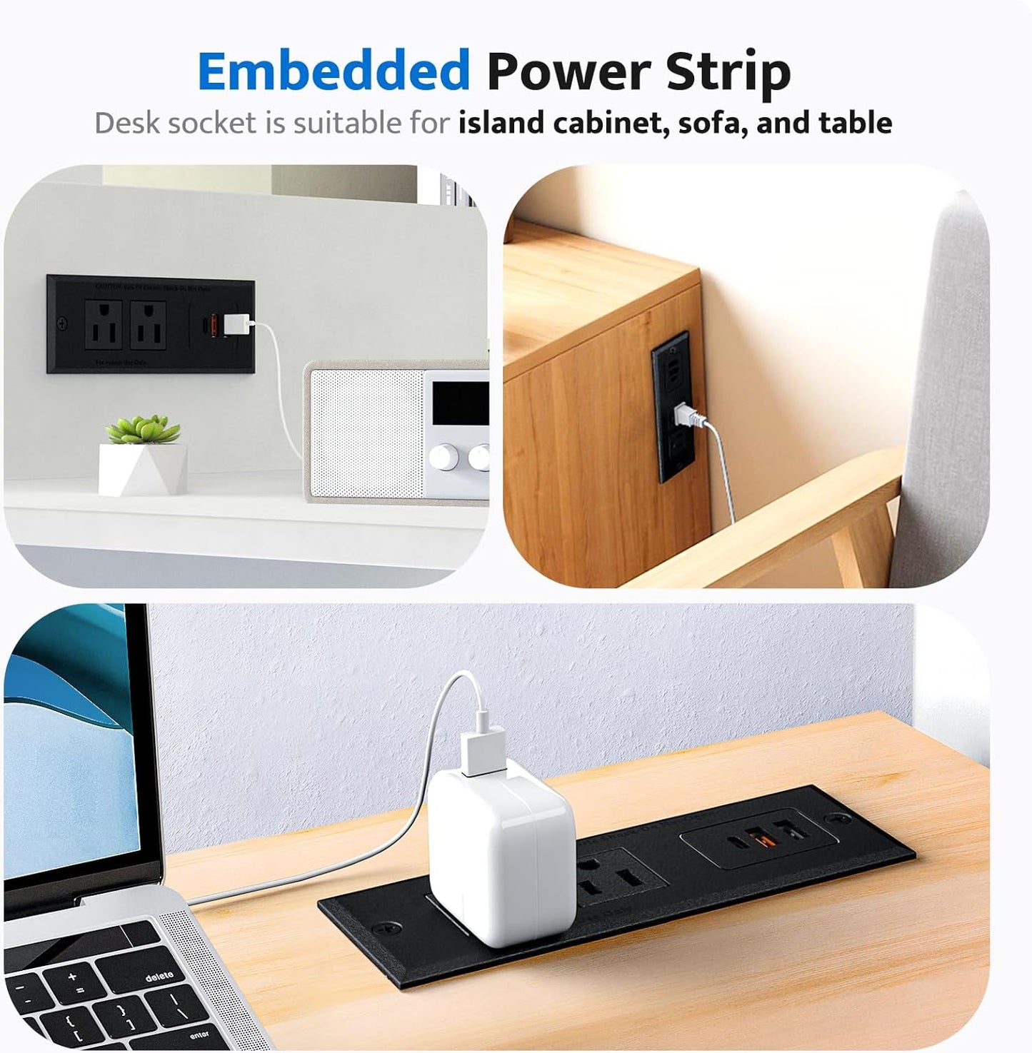 DOACE Table,2 Outlets,3 Ports,6ft Recessed Power Strip with USB C Fast Charging Conference Recessed Outlet,Space-Saver