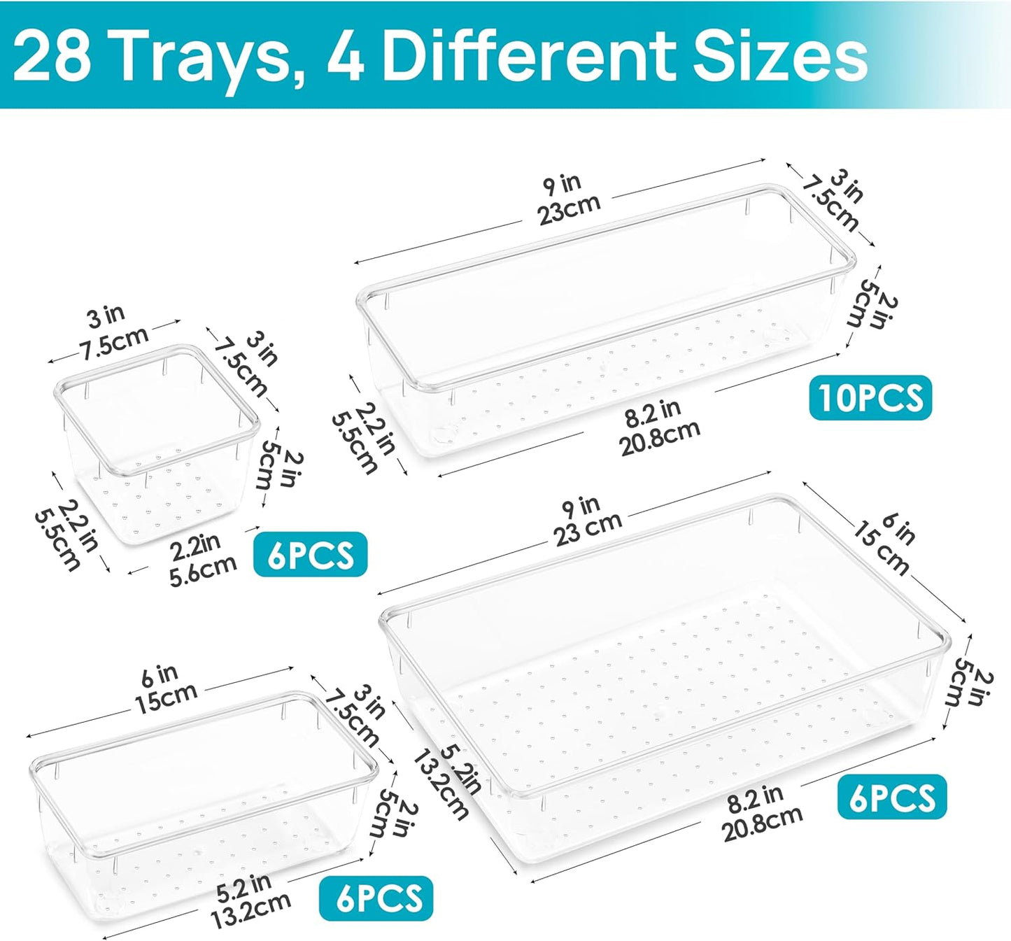 Vtopmart 28 PCS Clear Plastic Drawer Organizers - Versatile Acrylic Storage Bins for Bathroom, Vanity & Kitchen