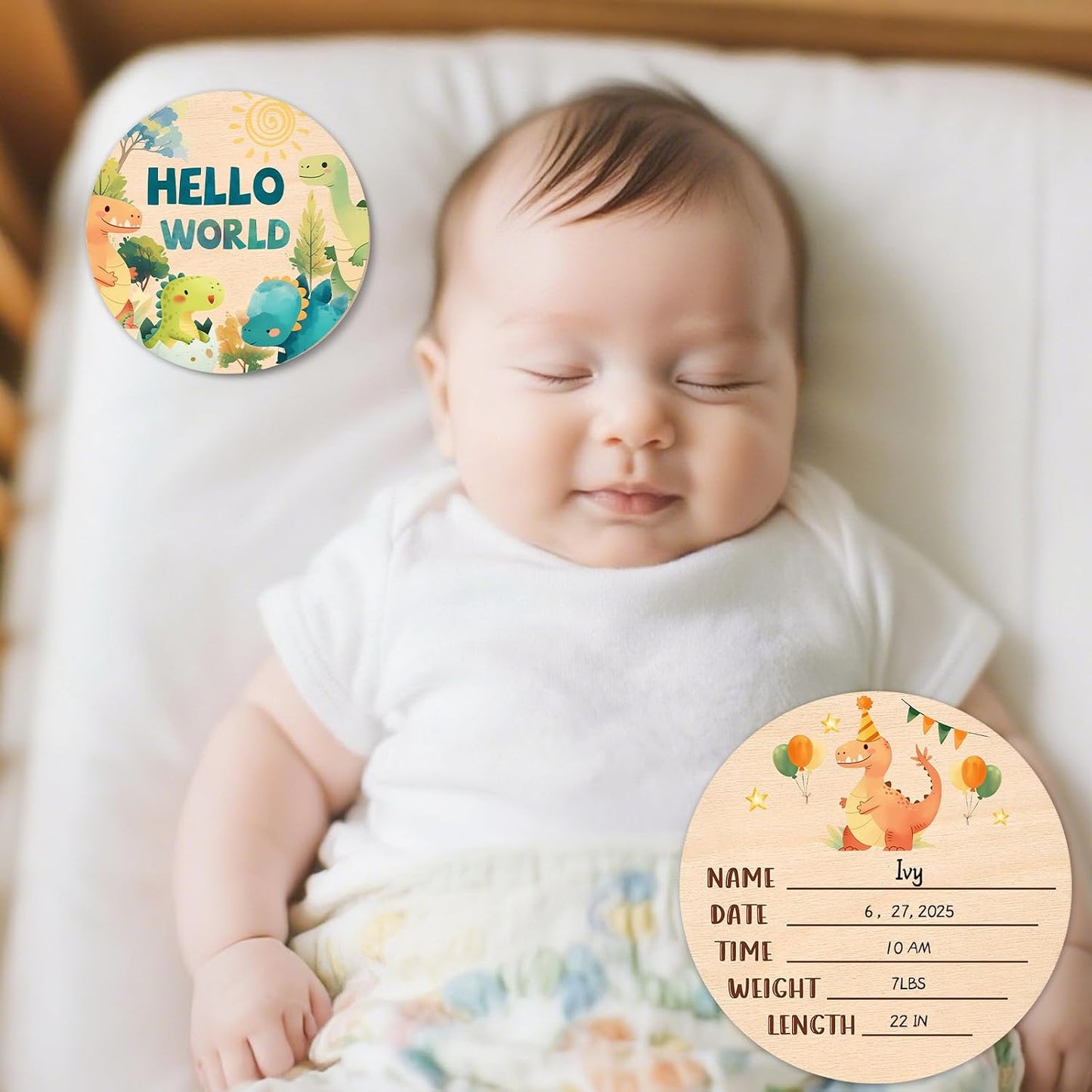 13Pcs Set Baby Monthly Milestone Cards Sign - Double Sided Dinosaur Milestone Cards, Dino Pattern Wooden Circles Discs