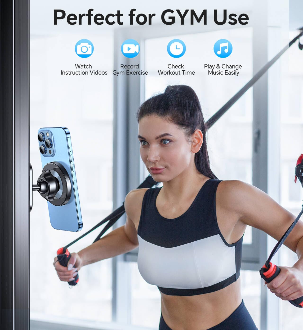 Coolpow Dual Magnetic Phone Holder for Gym Mag Safe Phone Holder【Strong Magnet】 Gym Phone Holder Camera Mount for Gym Accessories for Women Attach to Metal Surface with iPhone 17 Pro Max 16 15 14 13