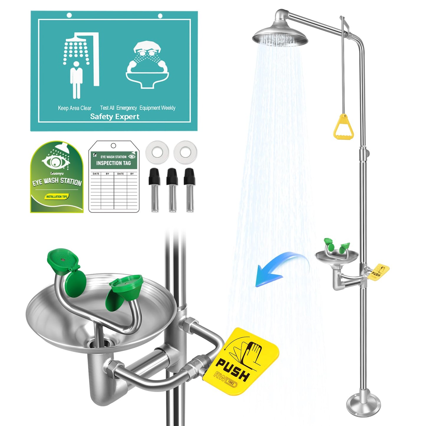 Huanyu Emergency Shower and Eyewash Station Safety Shower Eye Wash Station 304 Stainless Steel Commercial Eye Wash Kit with Emergency Sign Hospital Factory (1101)