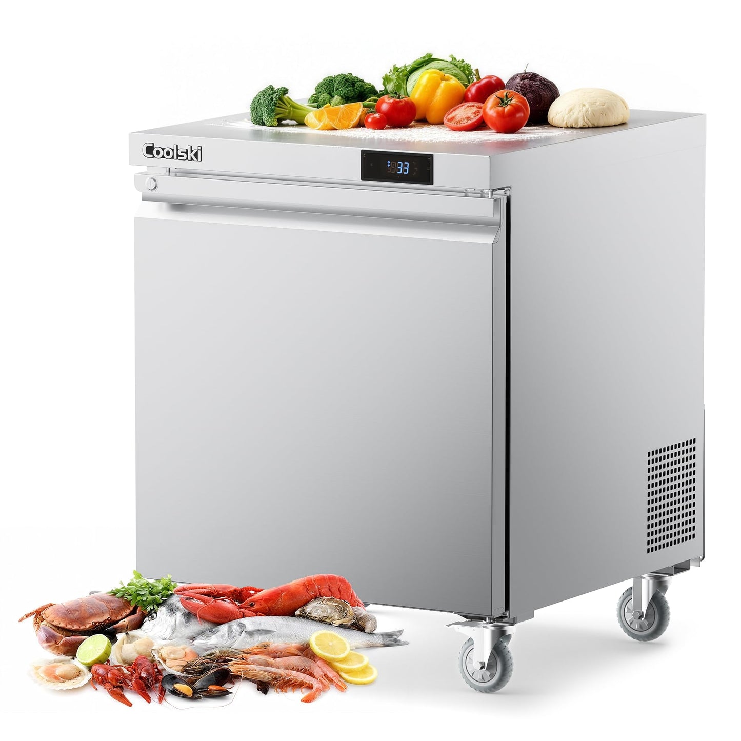 Coolski 27”W Commercial Undercounter Refrigerator, 7.5 Cu.ft. Freestanding Stainless Steel, Single Door Under Counter Industrial Worktop Fridge for Restaurant, Bar, Shop, Kitchen Use
