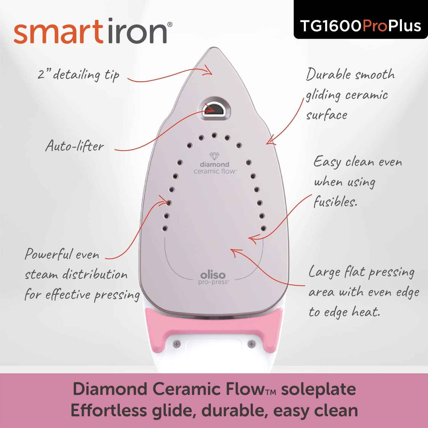 Oliso TG1600 Pro Plus 1800 Watt SmartIron with Auto Lift & Oliso Solemate Silicone Iron Soleplate Protector for TG Series Irons, Pink