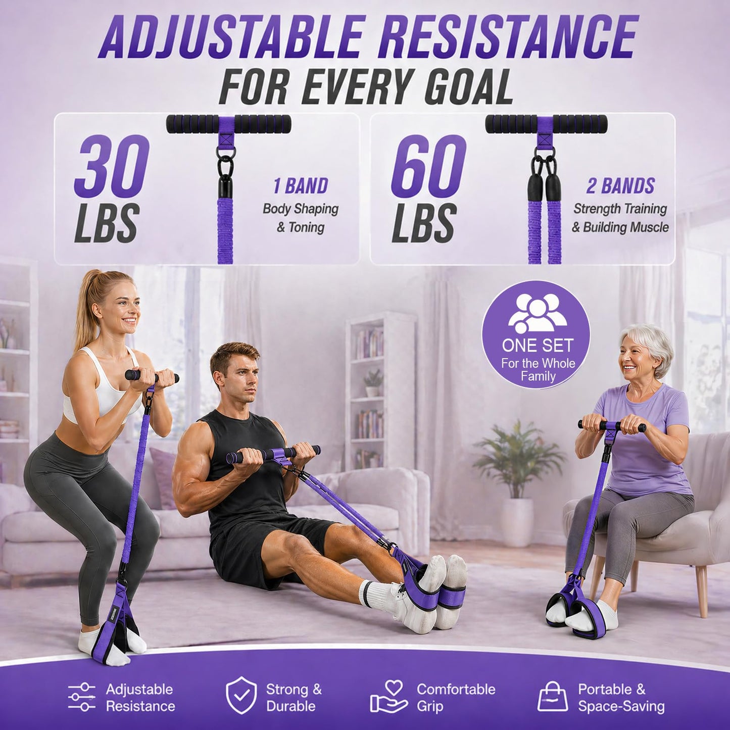 Upgraded Pedal Resistance Band with Handle, Protective Nylon Sleeves & Adjustable 30/60LBS, Sit-up Workout Equipment for Core/ABS, Waist, Arm, Leg, Portable Home Gym for Men & Women Body Shaping