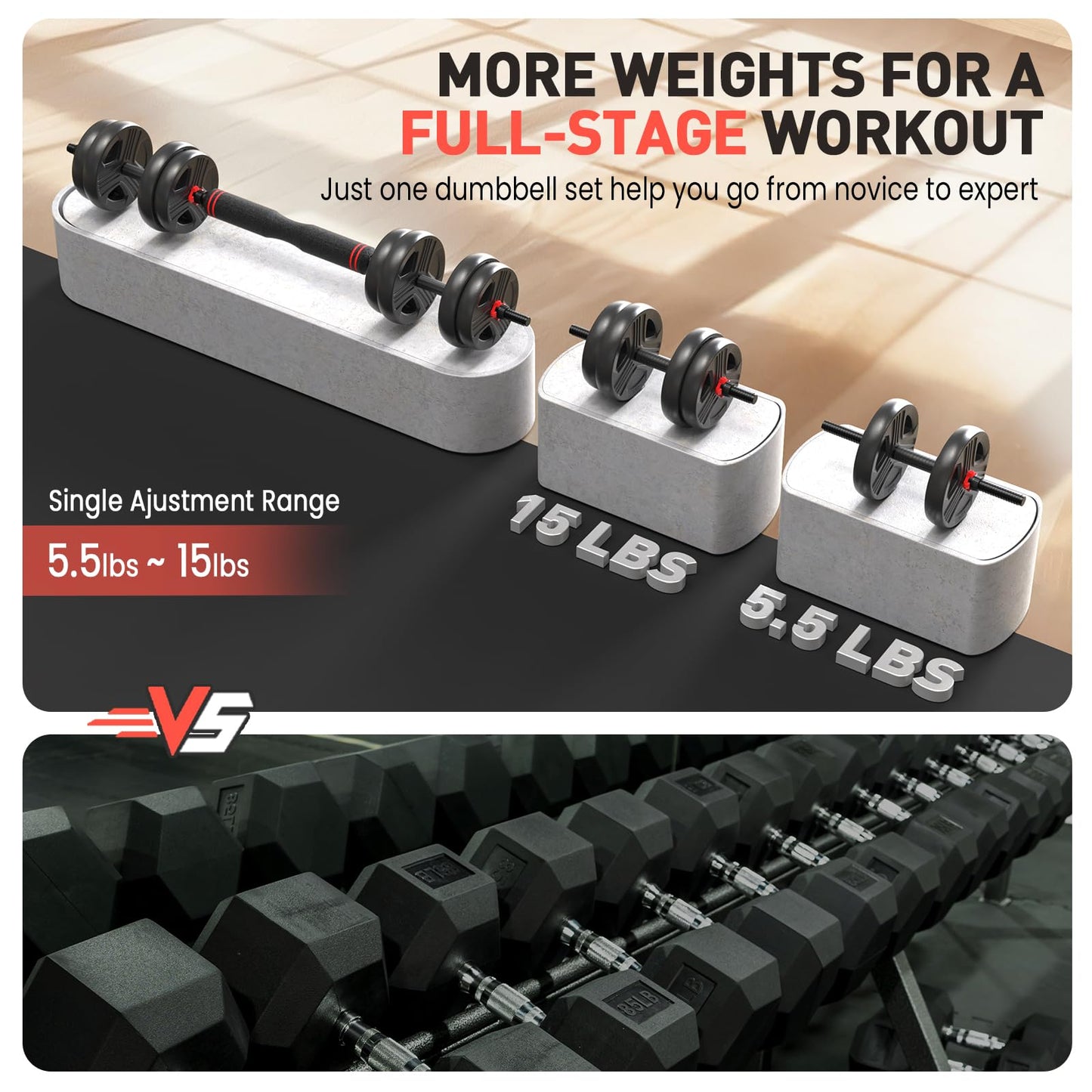 UKEEP Adjustable Dumbbells Set, 30lbs Free Weight Set with Connector, 2 or 3 in 1 Dumbbells Set Used as Barbell, Kettlebells, Fitness Exercises for Home Gym Suitable Men/Women