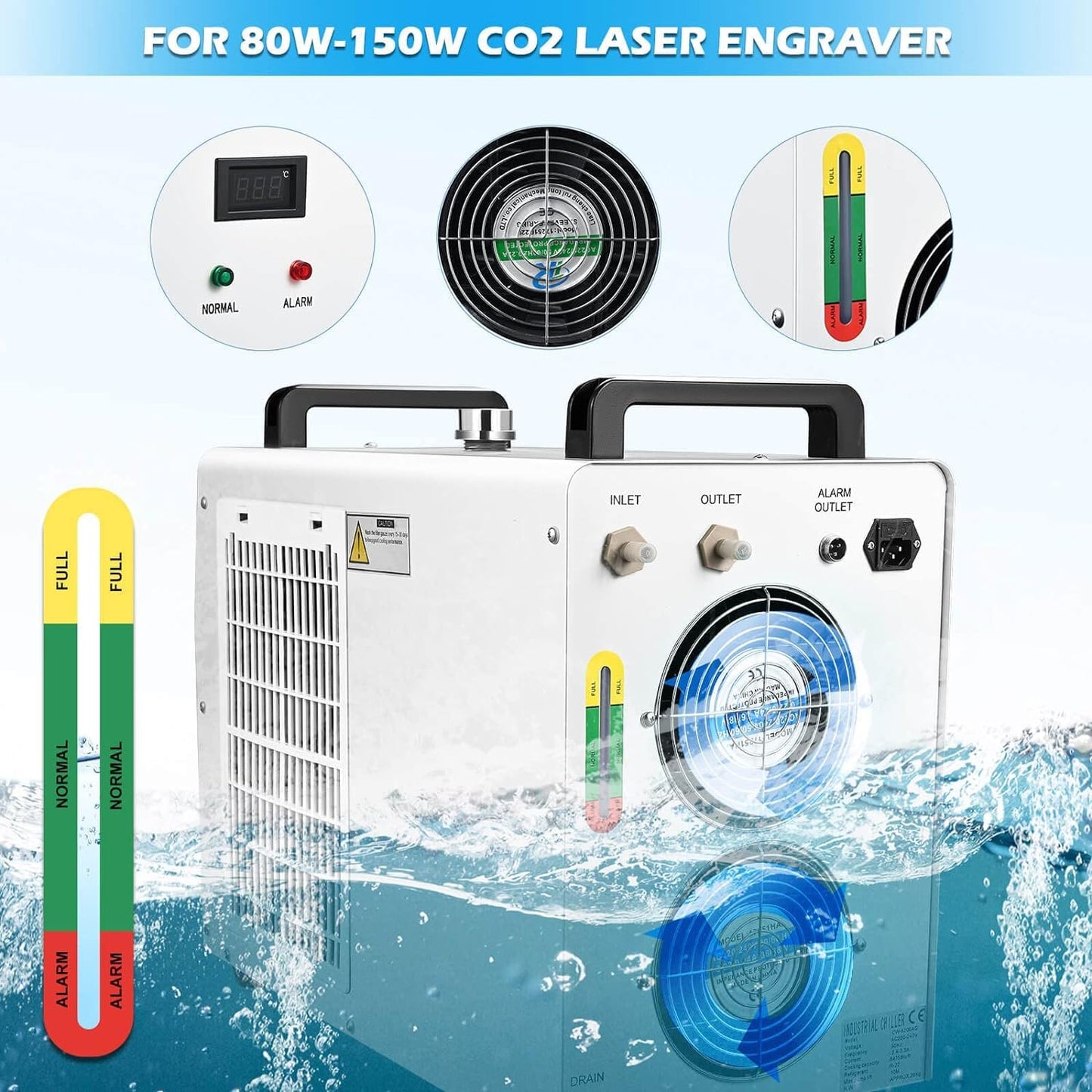 Monport 6L Industrial Water Chiller CW-5200 0.9hp 2.6Gal/min Water Cooling System for 50W-150W CO2 Laser Engraver＆Cutter Machine